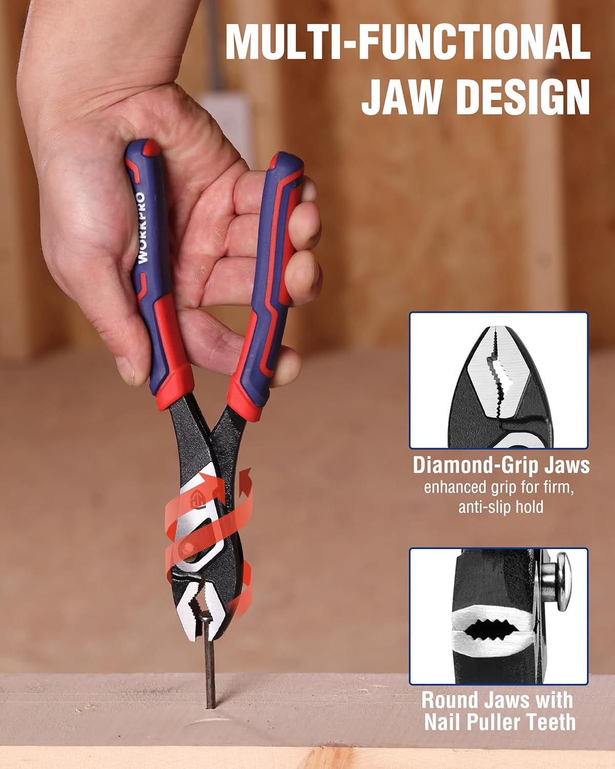 Multi-functional slip-joint pliers with diamond-grip jaws and nail puller teeth