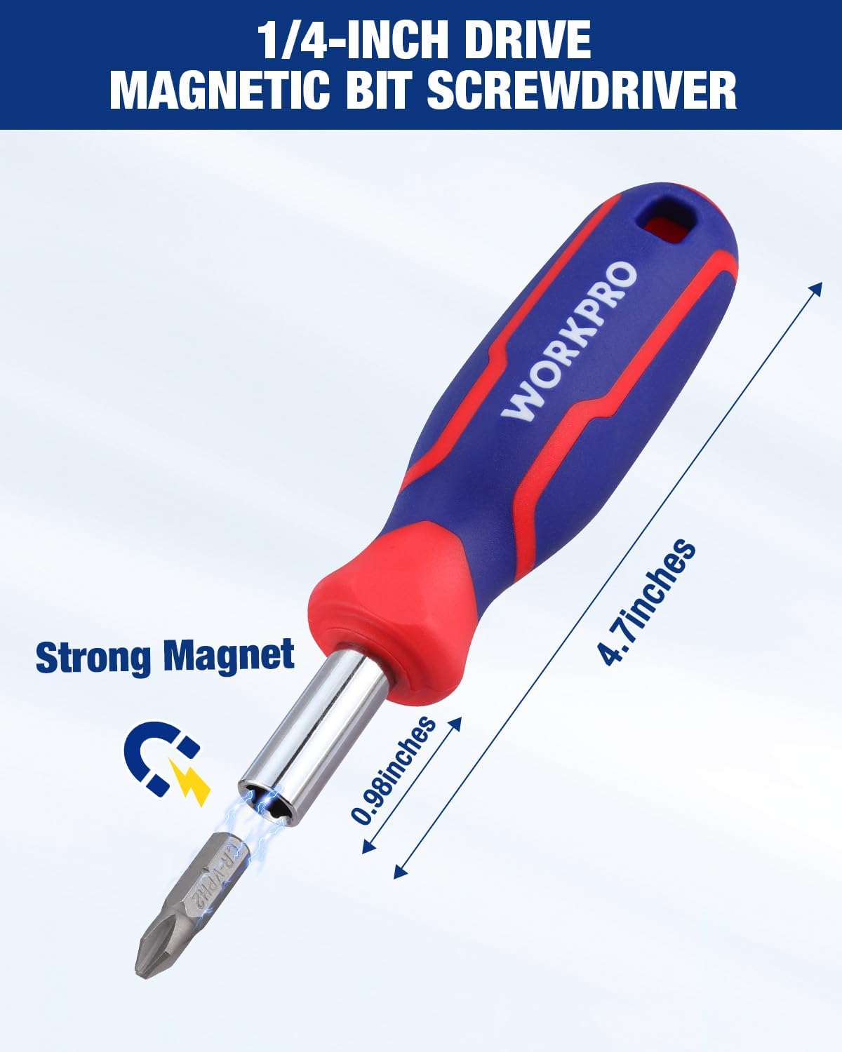1/4-inch drive magnetic bit screwdriver with steel tip and red-and-blue grip