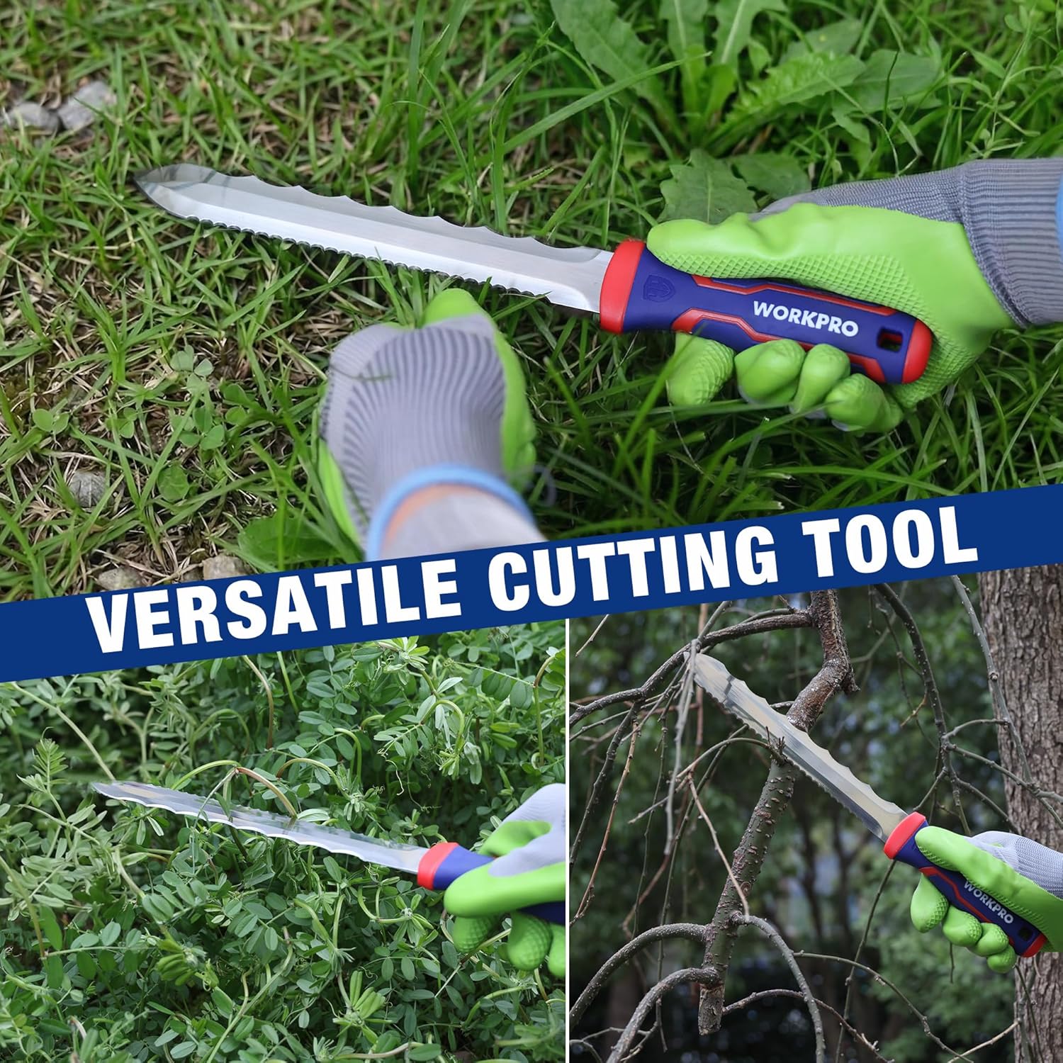 Insulation cutting knife with neon green and blue handle and serrated blade