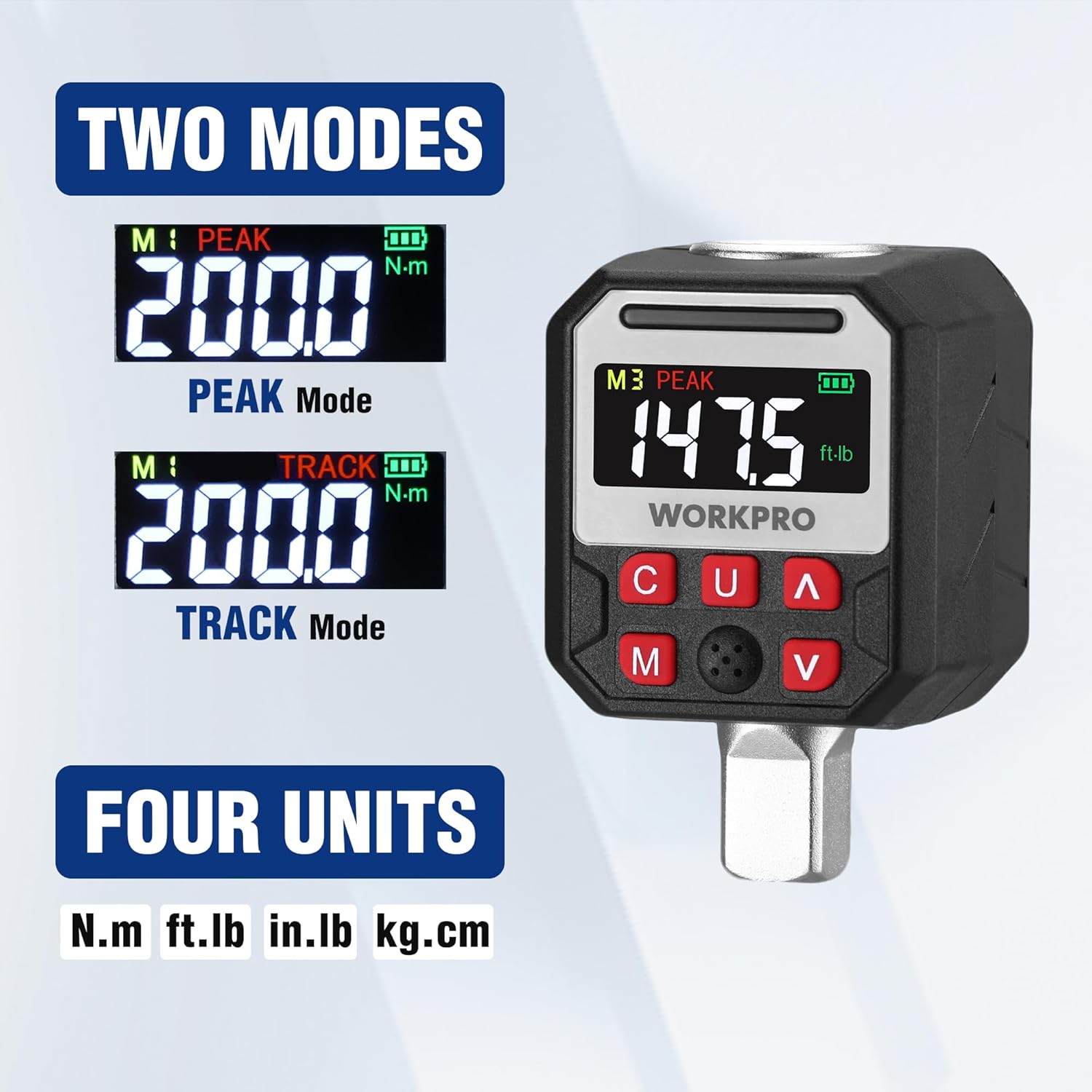 WORKPRO digital torque adapter showing peak and track modes on LCD screen