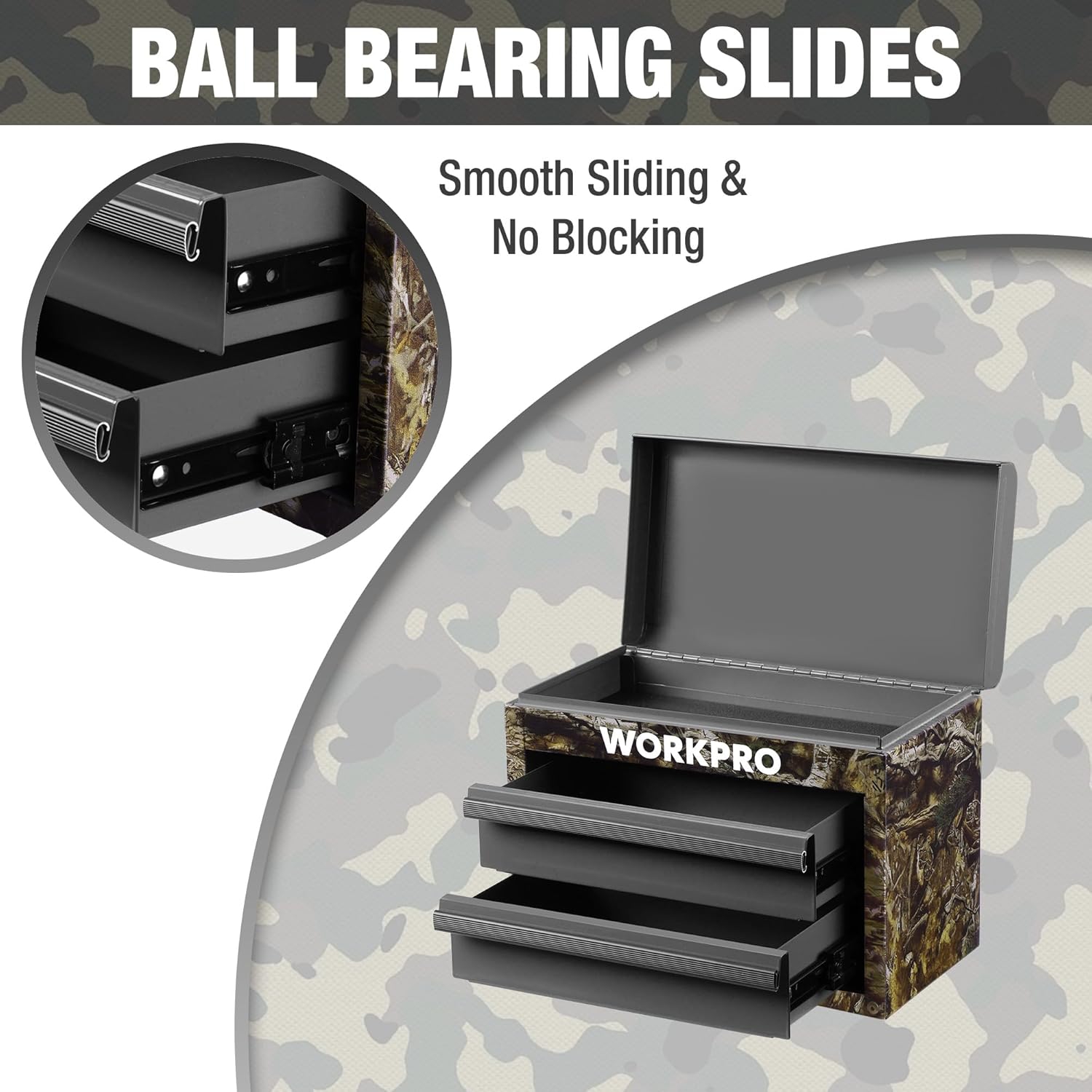 Camo mini metal tool box with open lid and smooth sliding two drawers