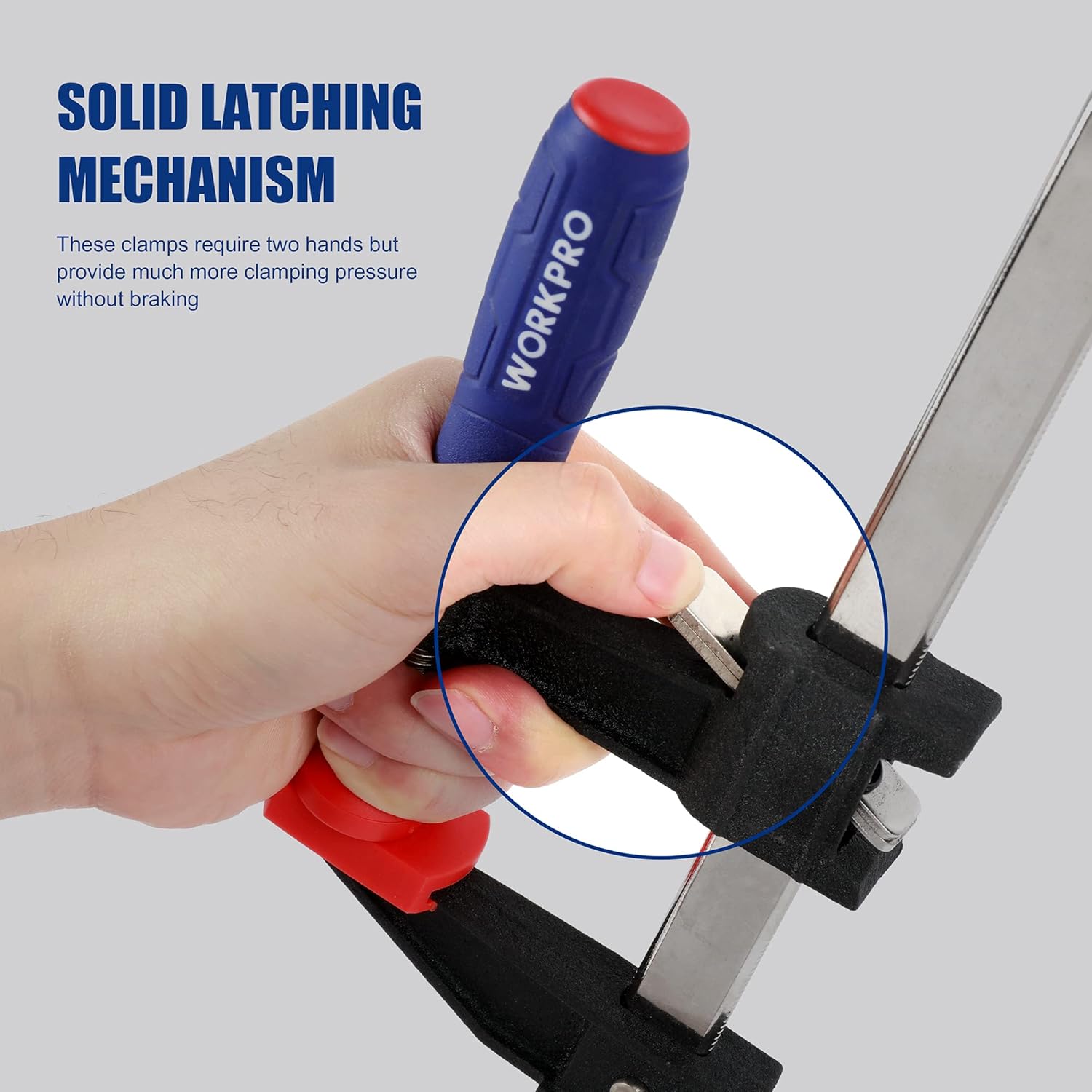 Steel F bar clamp with two-hand solid latching mechanism; blue/red clutch handle