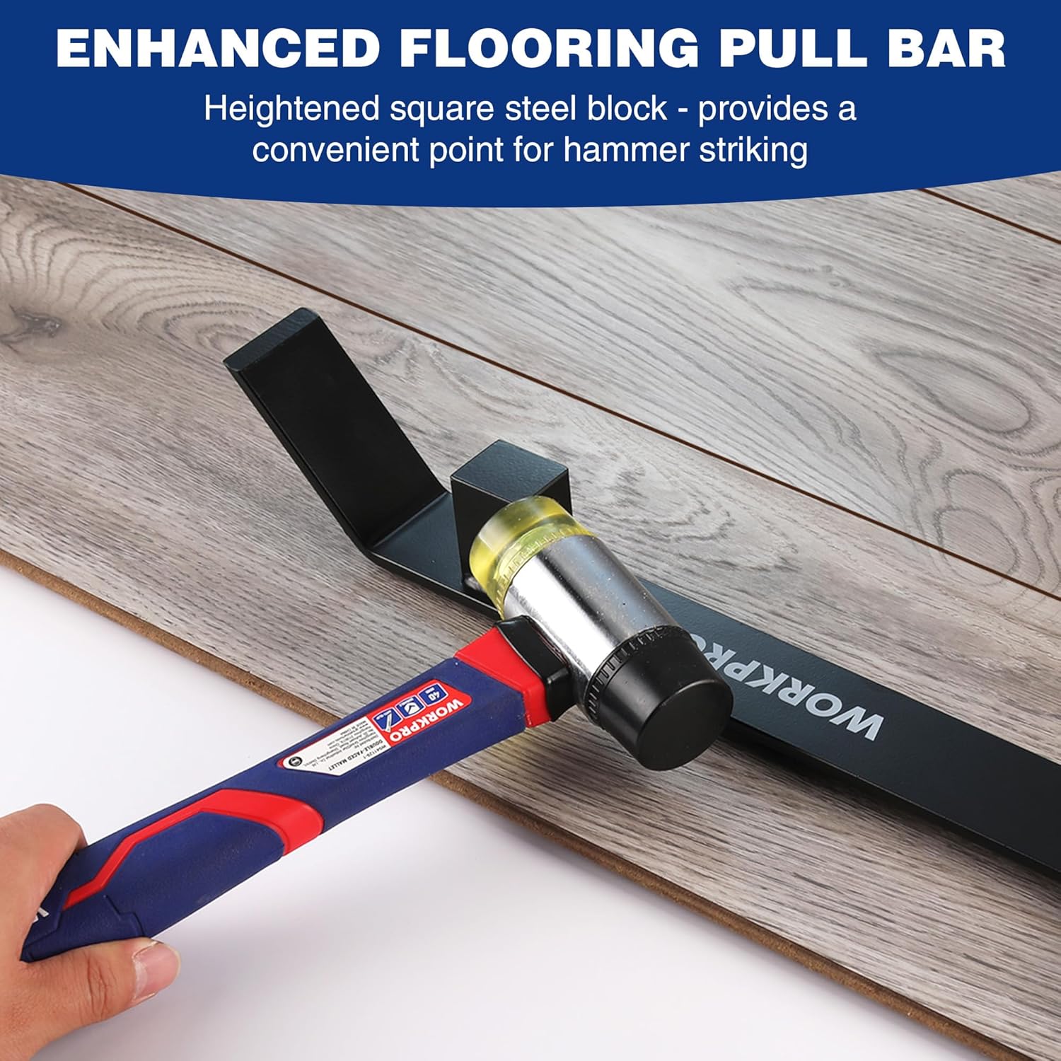 Black pull bar with square steel striking block for hammer strikes on flooring joints