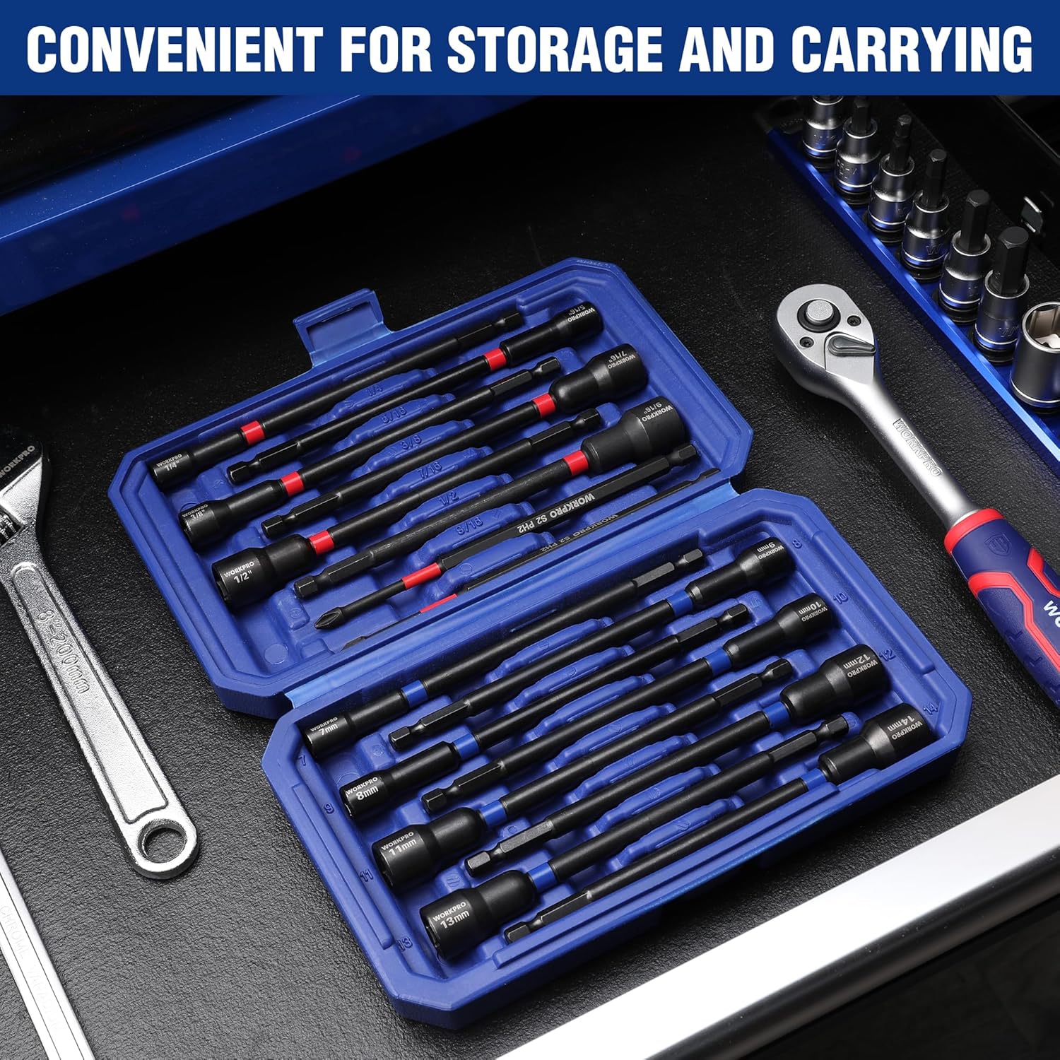 Long magnetic nut driver bits neatly arranged in blue storage case