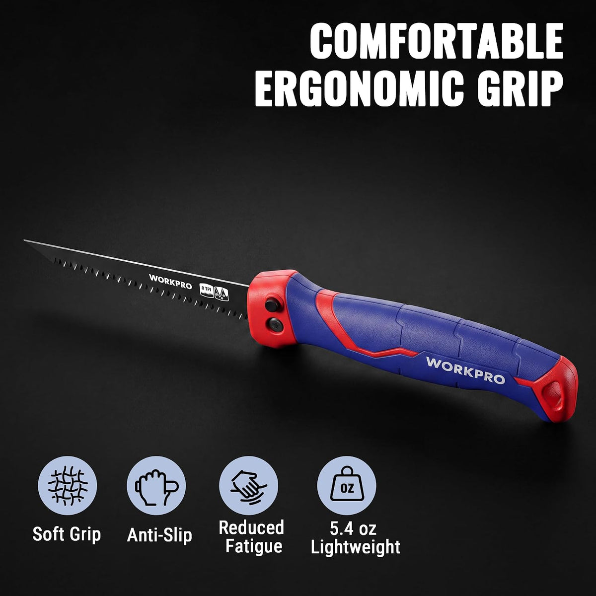 WORKPRO folding drywall jab saw with metal blade, blue and red soft grip handle, triple-ground 8 TPI teeth
