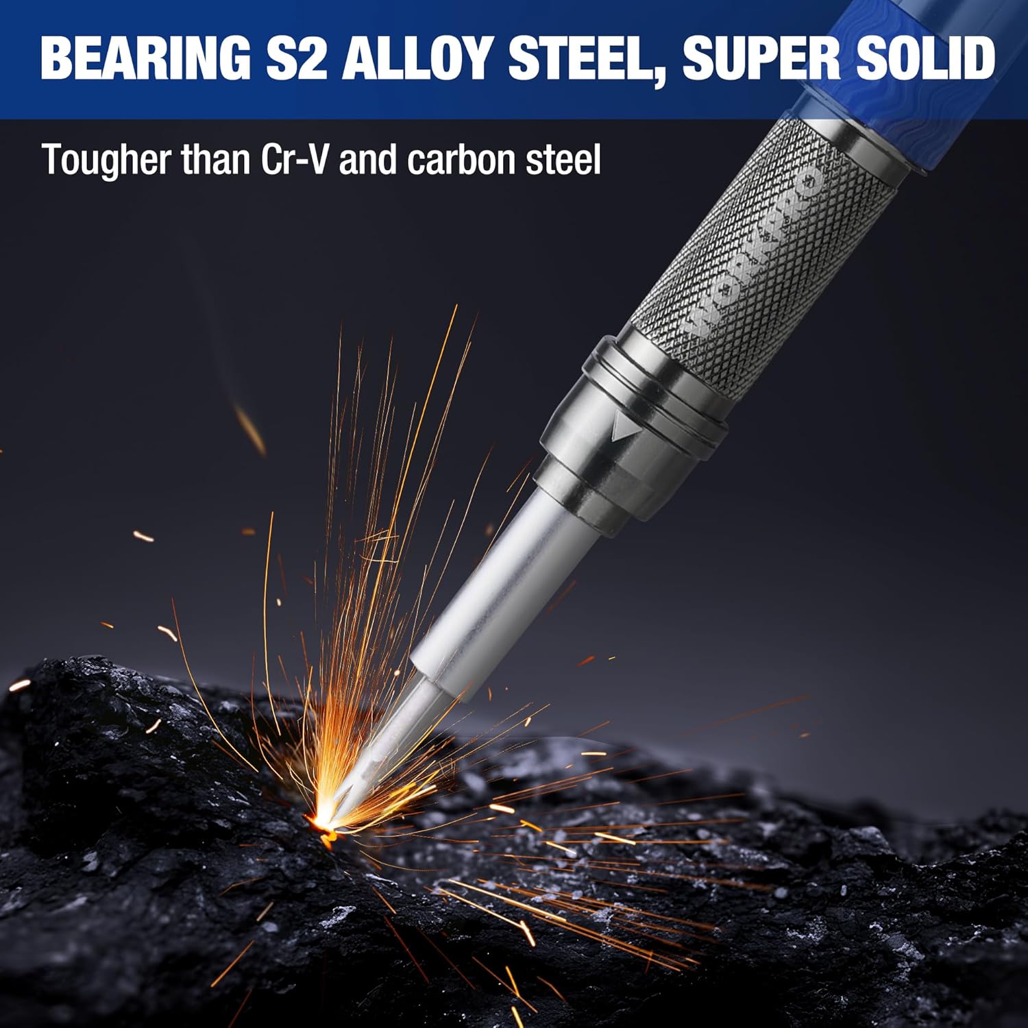 Precision screwdriver tip driving into dark material with visible sparks