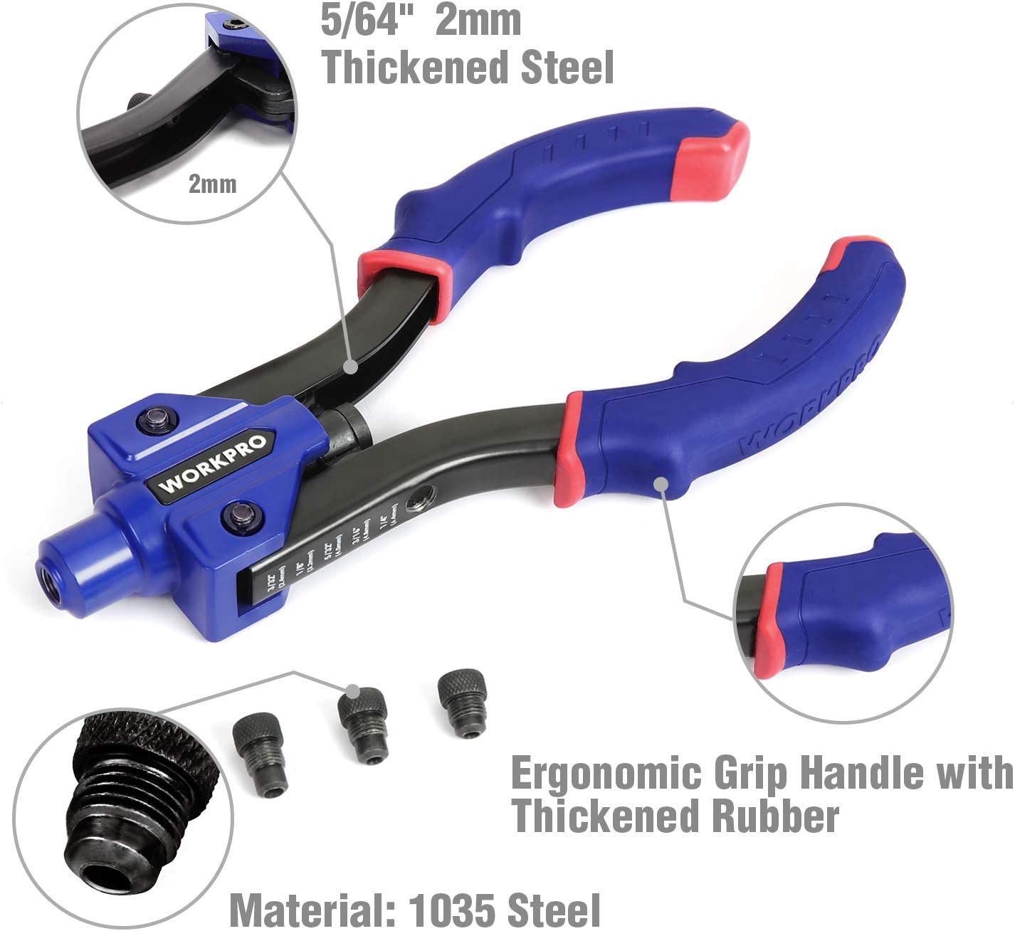 Heavy-duty hand riveter with blue rubber handles, black head, and interchangeable rivet heads