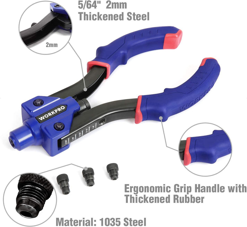 WORKPRO 10-Inch Pop Rivet Gun, Heavy Duty Riveter with 3 Interchangeable Heads (3 Nosepieces) and 100pcs Rivets, 5-in-1 Hand Riveter Set for Metal, Plastic, Repairing Truck Bed, Fixing Highway Sign (W)