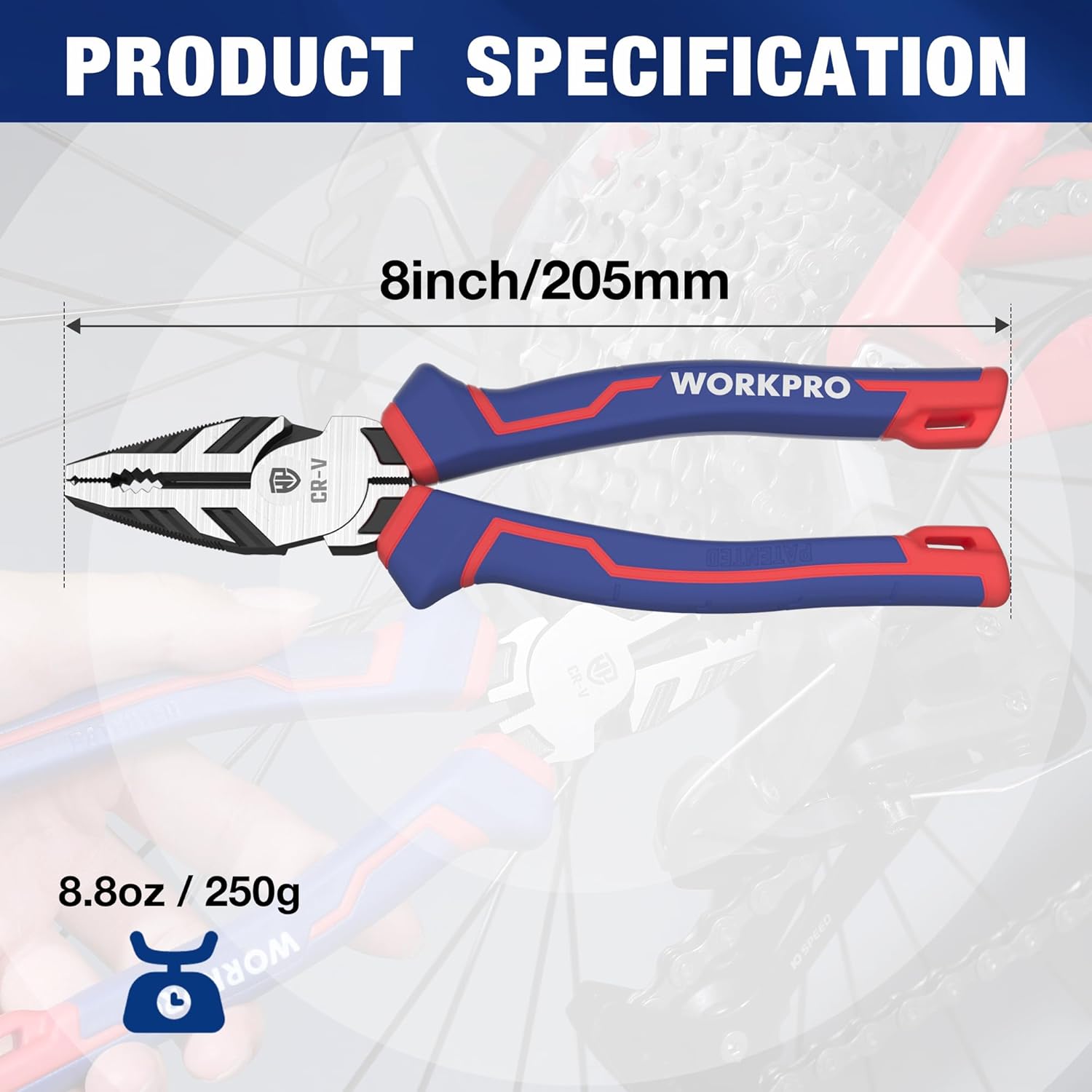 8-inch screw extractor pliers with blue/red handles and serrated jaw teeth