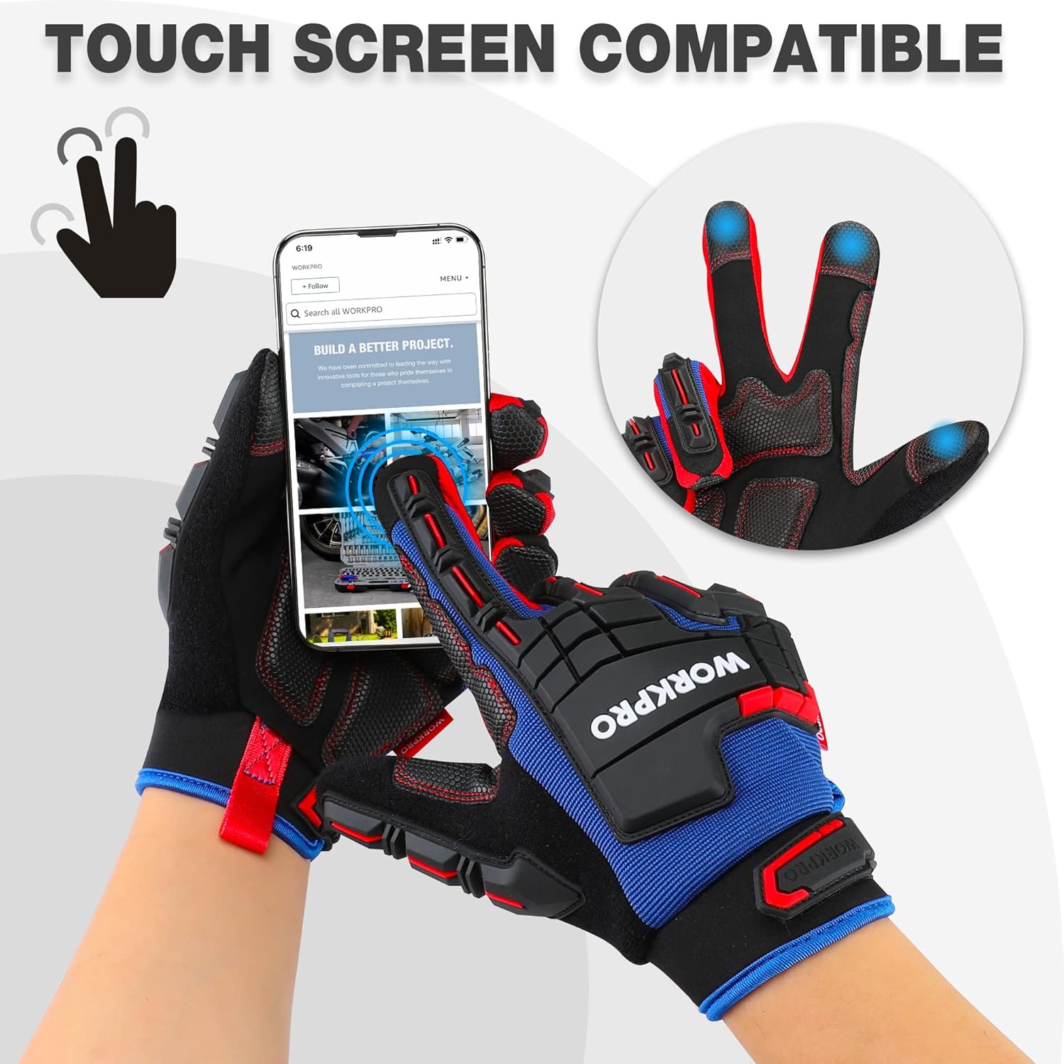 Black and blue work glove with touchscreen fingertips and red knuckle accents