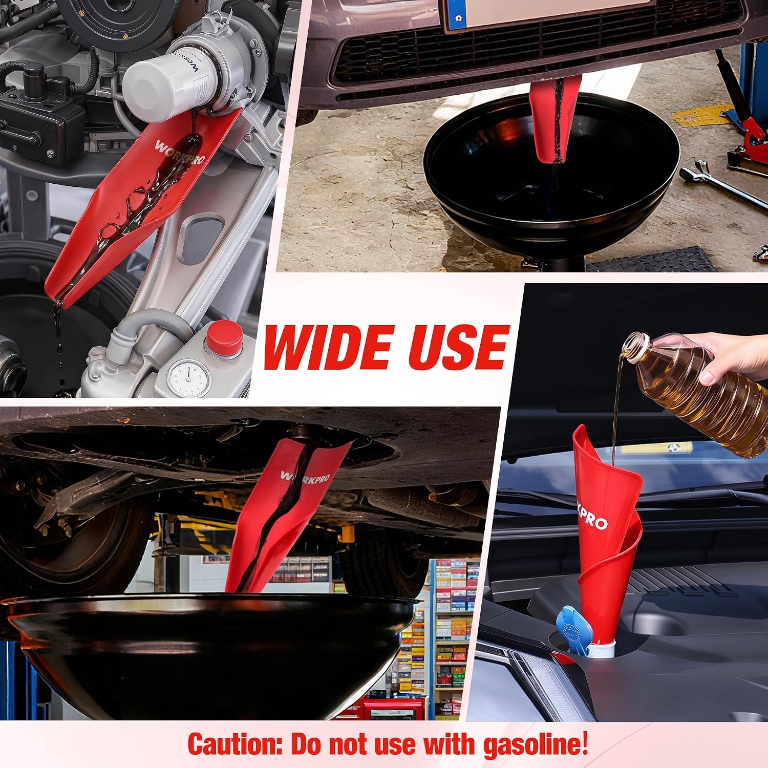 WORKPRO red oil funnel pouring into an engine oil container