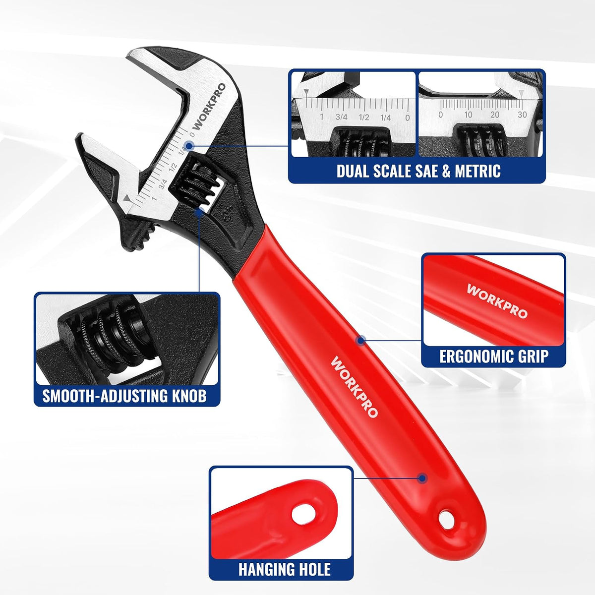 WORKPRO 8-Inch Adjustable Wrench, Cr-V Steel Wide Jaw Black Oxide Wrench