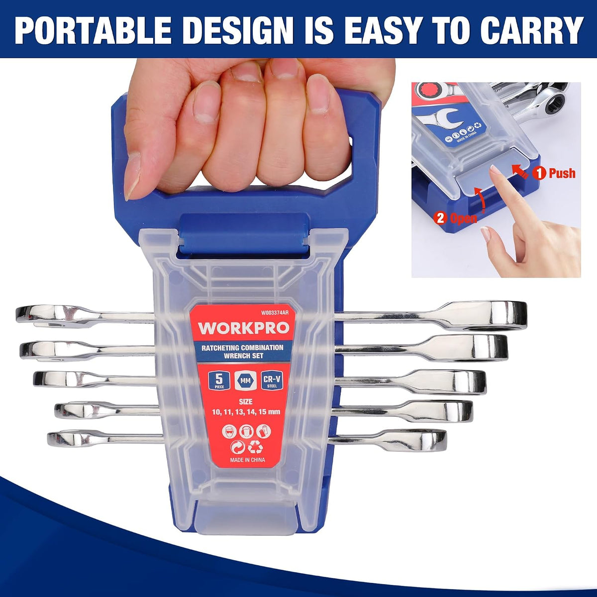 WORKPRO Ratcheting Wrench Set, Metric, 5-piece Ratcheting Combination Wrench Set, 10mm, 11mm, 13mm, 14mm, 15mm, 12-Point, CR-V Steel, with Organizer Rack
