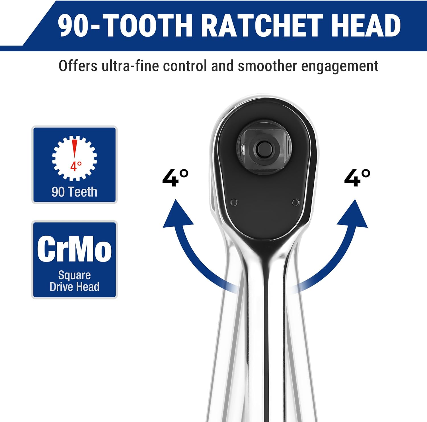 WORKPRO 90-tooth ratchet head with 4-degree swing, CrMo square drive