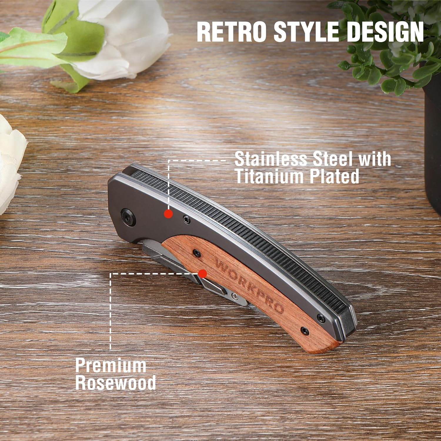 WORKPRO folding utility knife with stainless blade and rosewood handle compact design