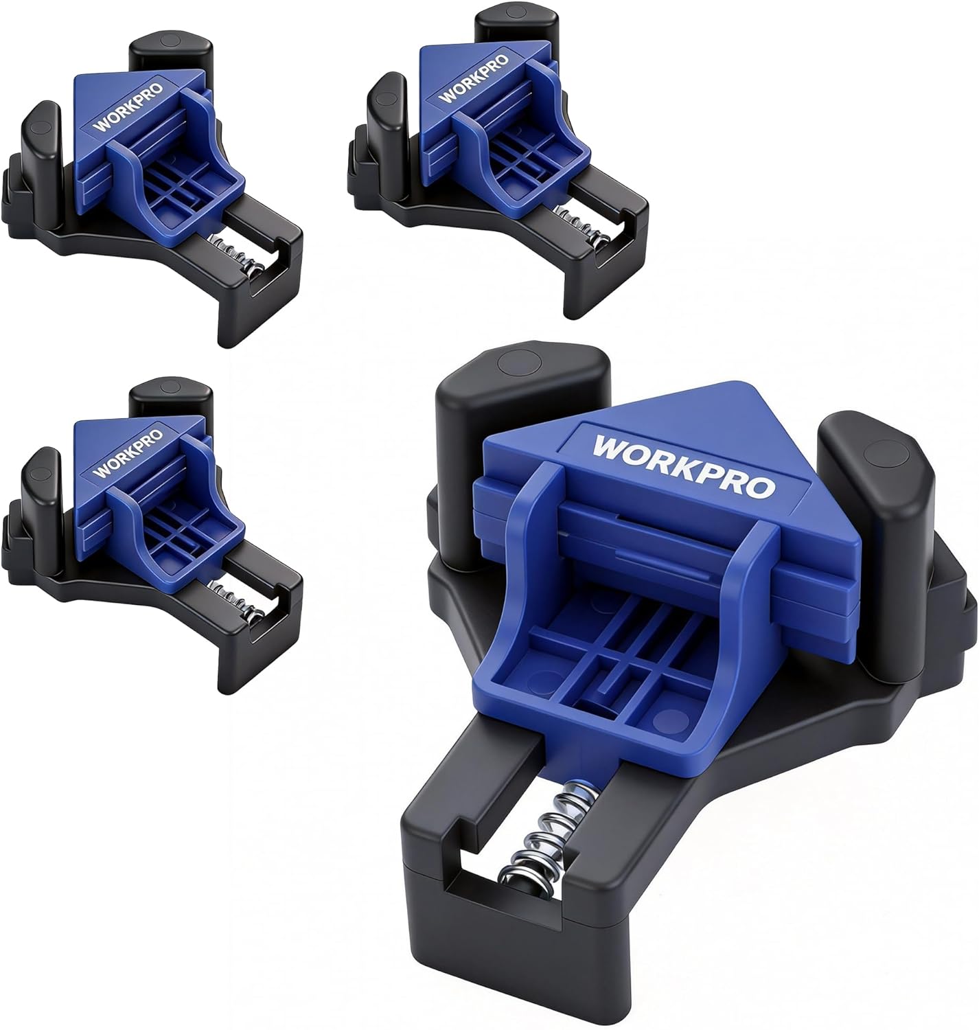 WORKPRO Right Angle Corner Clamps for Woodworking, Set of 4 Adjustable Spring-Loaded One-Handed Clamps, Carpentry Tools for Framing, Cabinets, and Projects