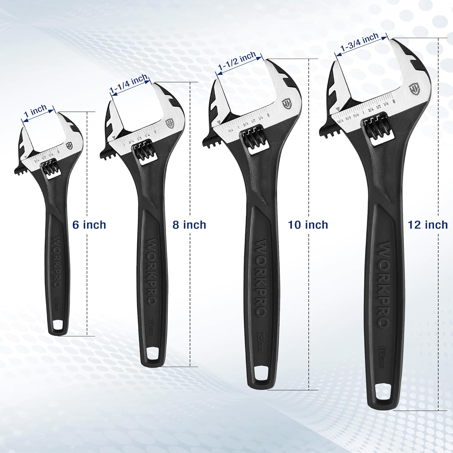 Four adjustable wrench sizes: 6, 8, 10, and 12 inch, black oxide finish
