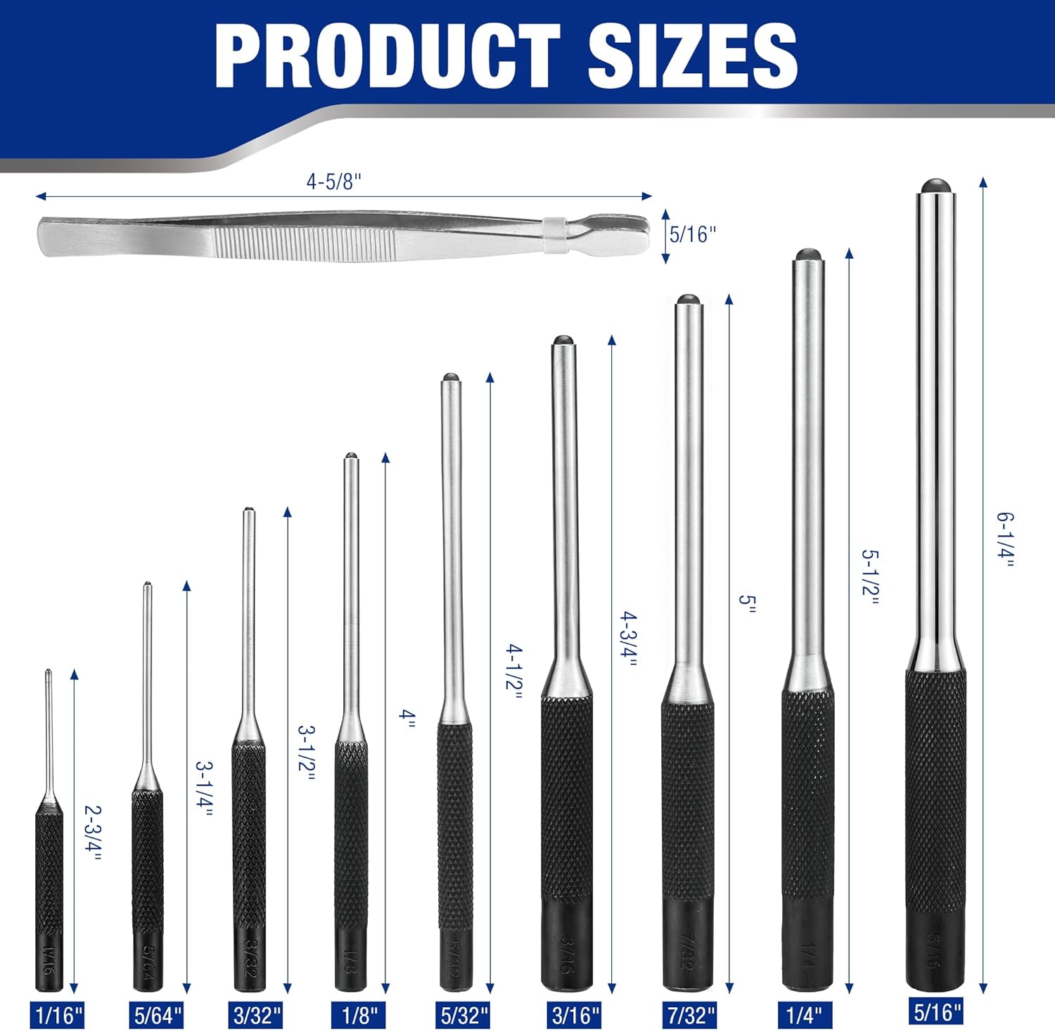 Assorted roll pin punch set with silver steel tips and black knurled handles