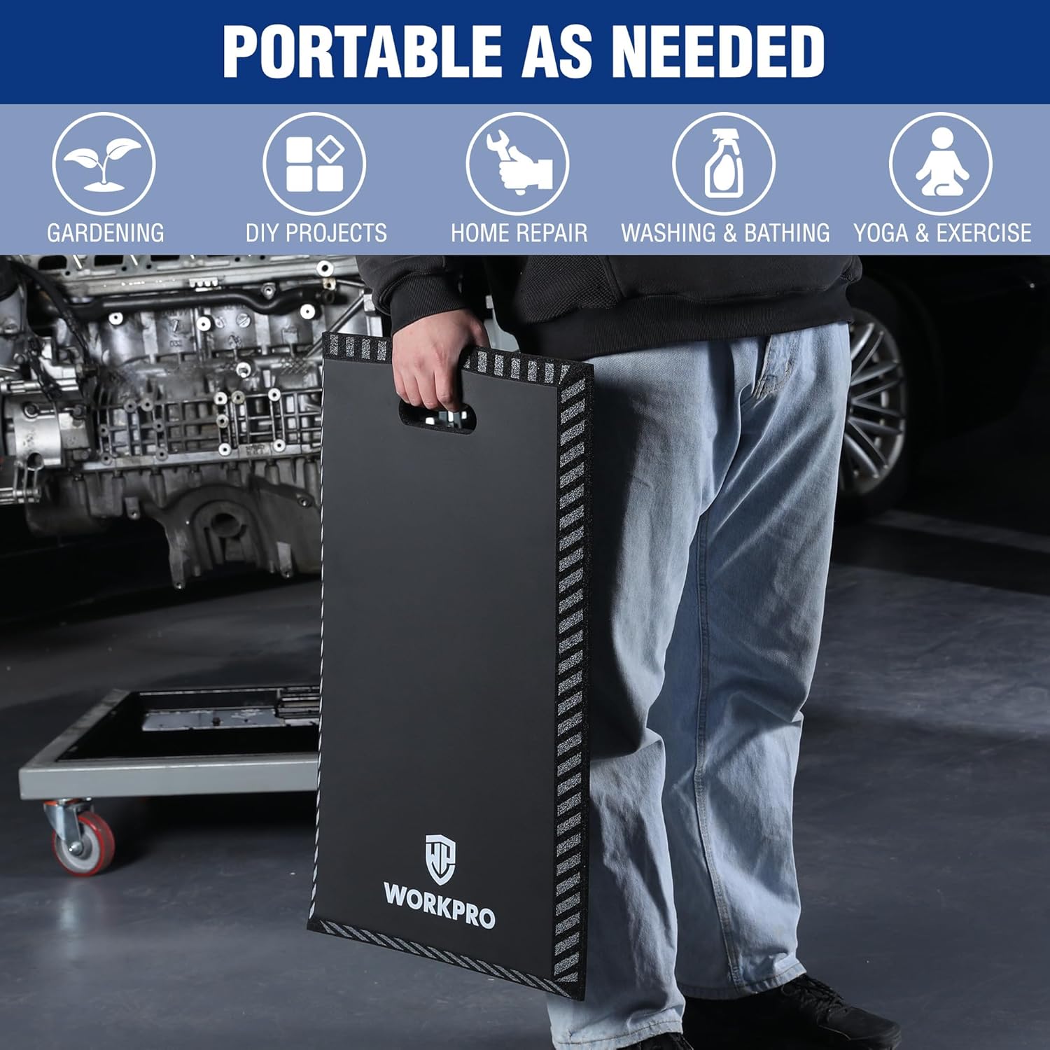 Black portable kneeling pad with handle, textured edge grip, and WORKPRO branding