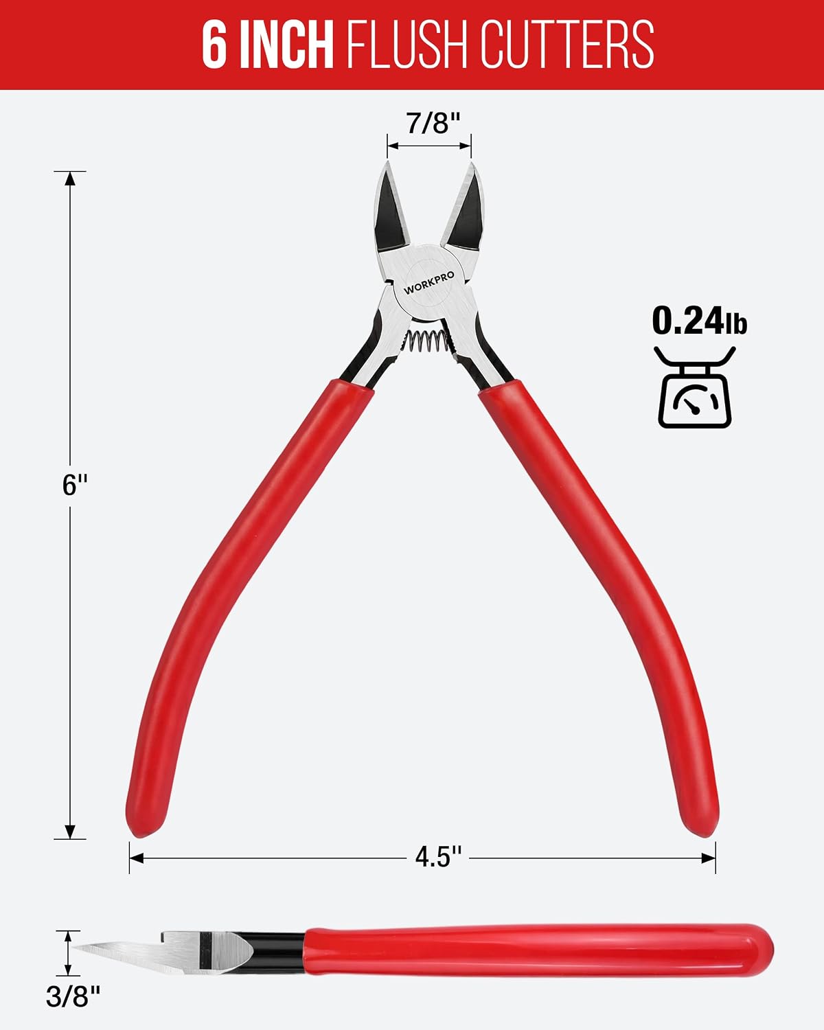 WORKPRO wire-cutting pliers with red and black handles, 6 inch precision flush cutters