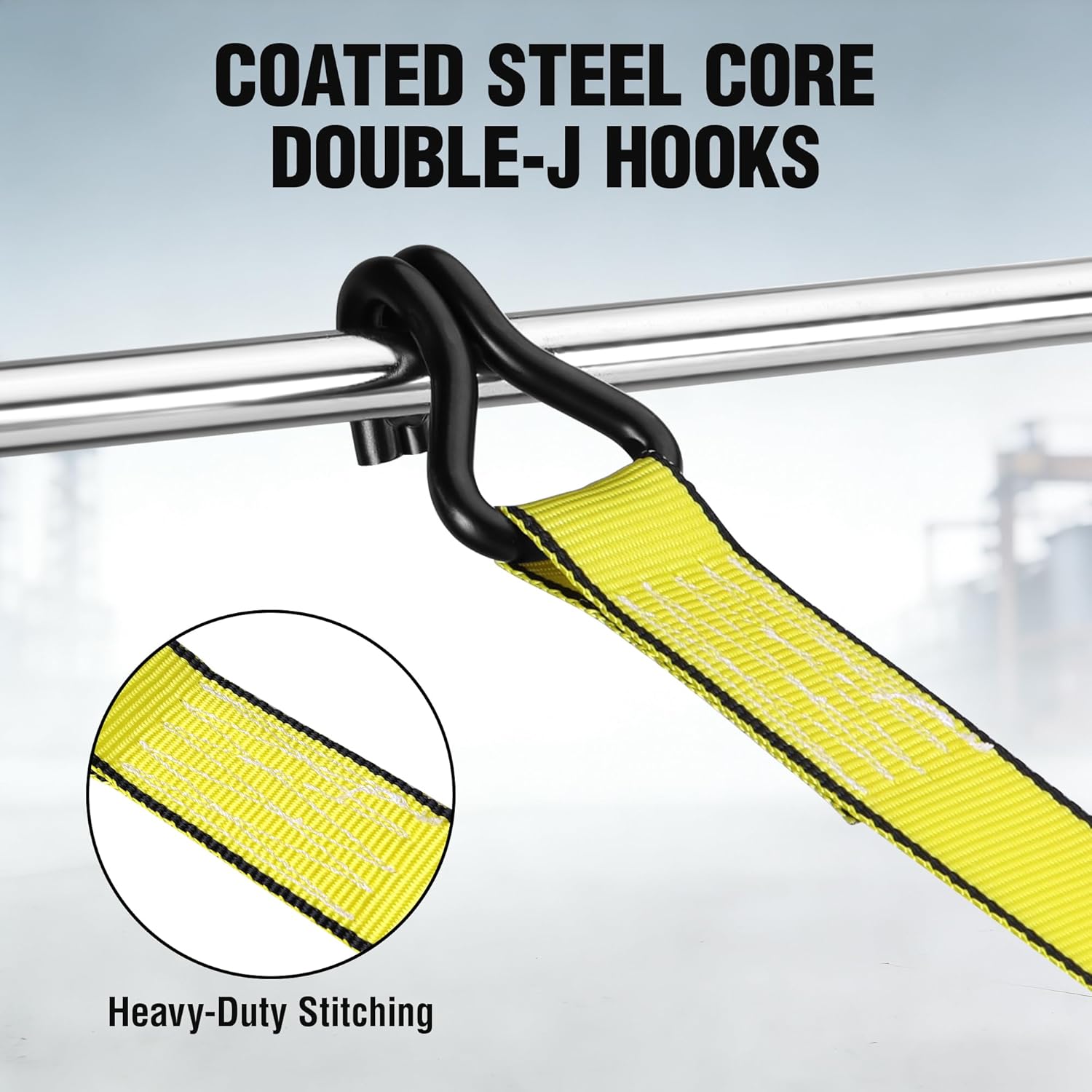 Yellow ratchet tie down strap with coated steel double J-hook and heavy-duty stitching