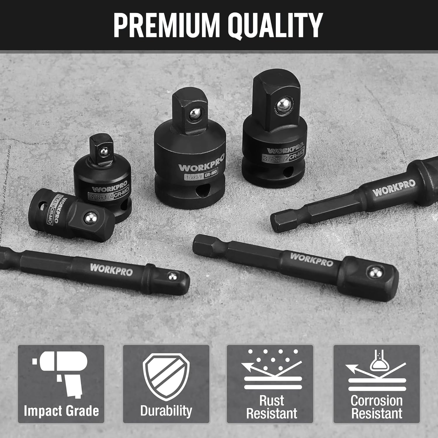 Impact-grade socket adapters with extensions, black set of four with label icons