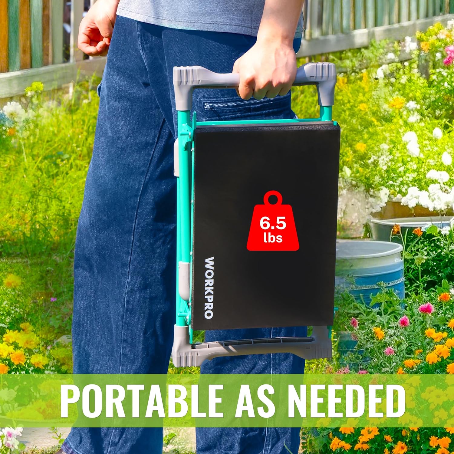 Portable foldable kneeler stool in black storage bag with teal frame edges
