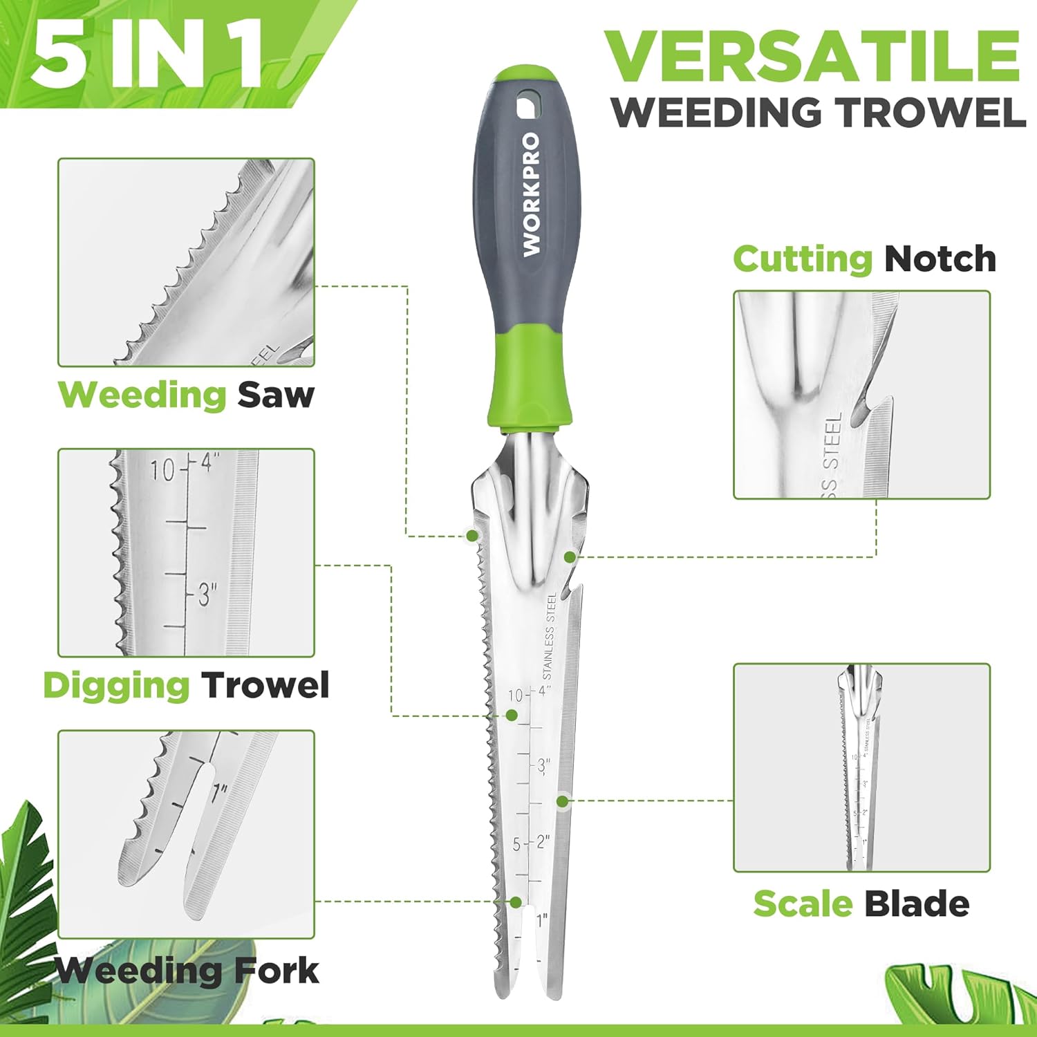 5-in-1 stainless weeding trowel with green-and-gray handle and multi-function blade