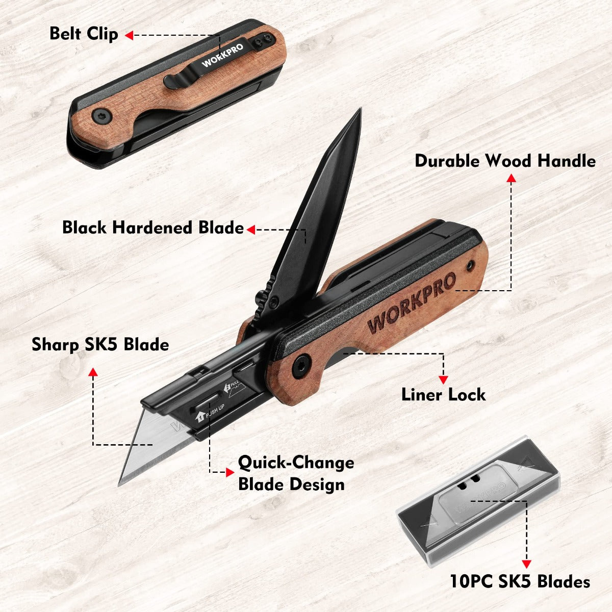 Folding utility knife with wood handle, belt clip, quick-change SK5 blades