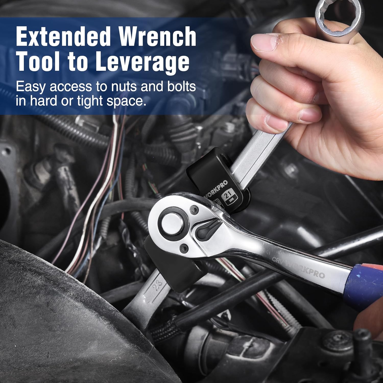 WORKPRO wrench extender held in hand, 1/2 in drive with 21 mm hex socket.