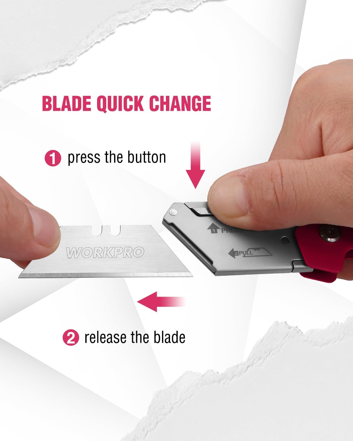 Pink folding utility knife showing quick-change blade release button