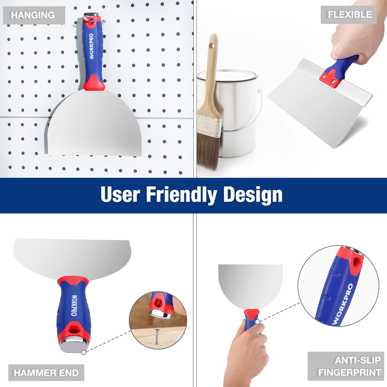 Drywall taping knife with blue handle and flexible blade for spreading drywall compound