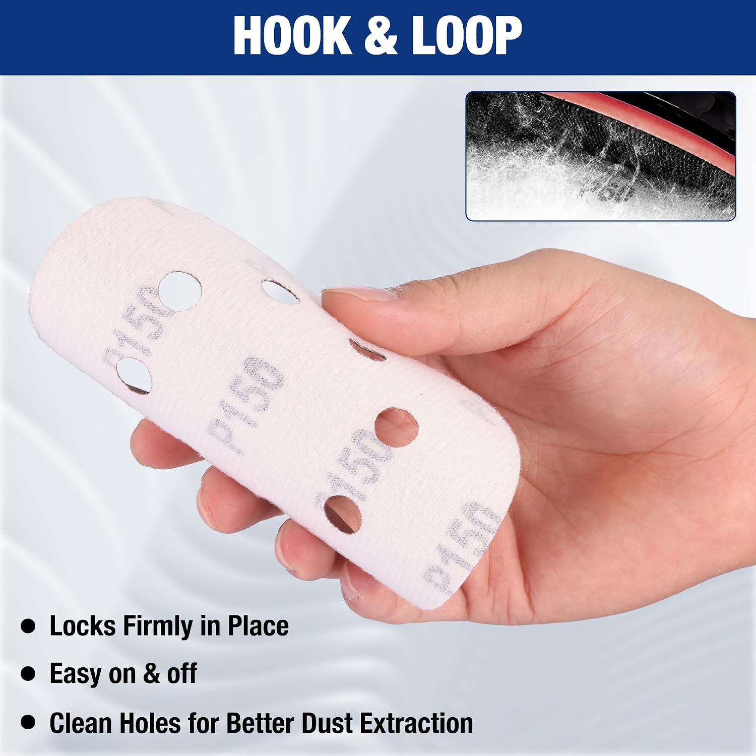 Hand holding maroon 8-hole hook-and-loop sanding discs with sanding grit face