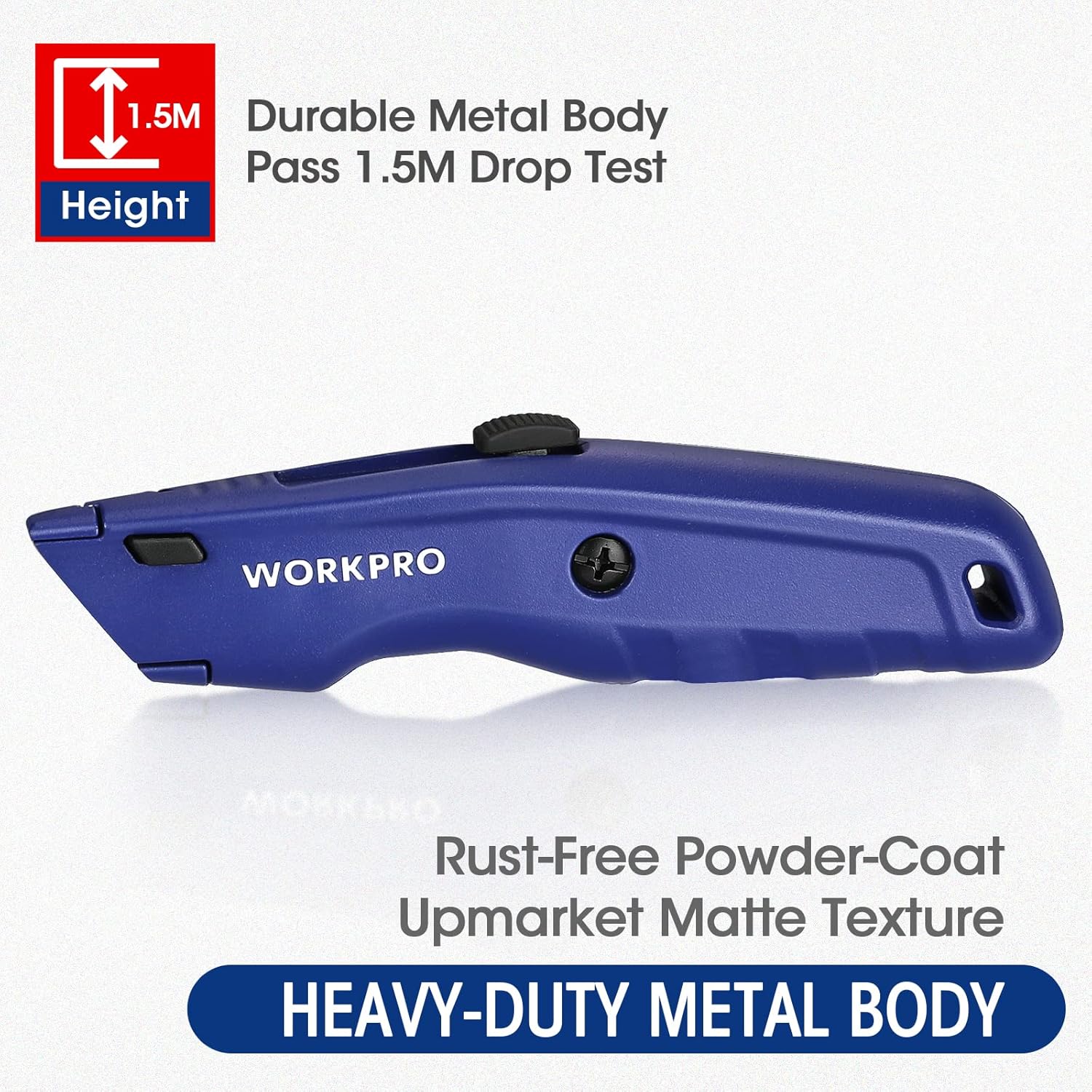 WORKPRO blue utility knife with heavy-duty metal body and rust-free powder-coat finish