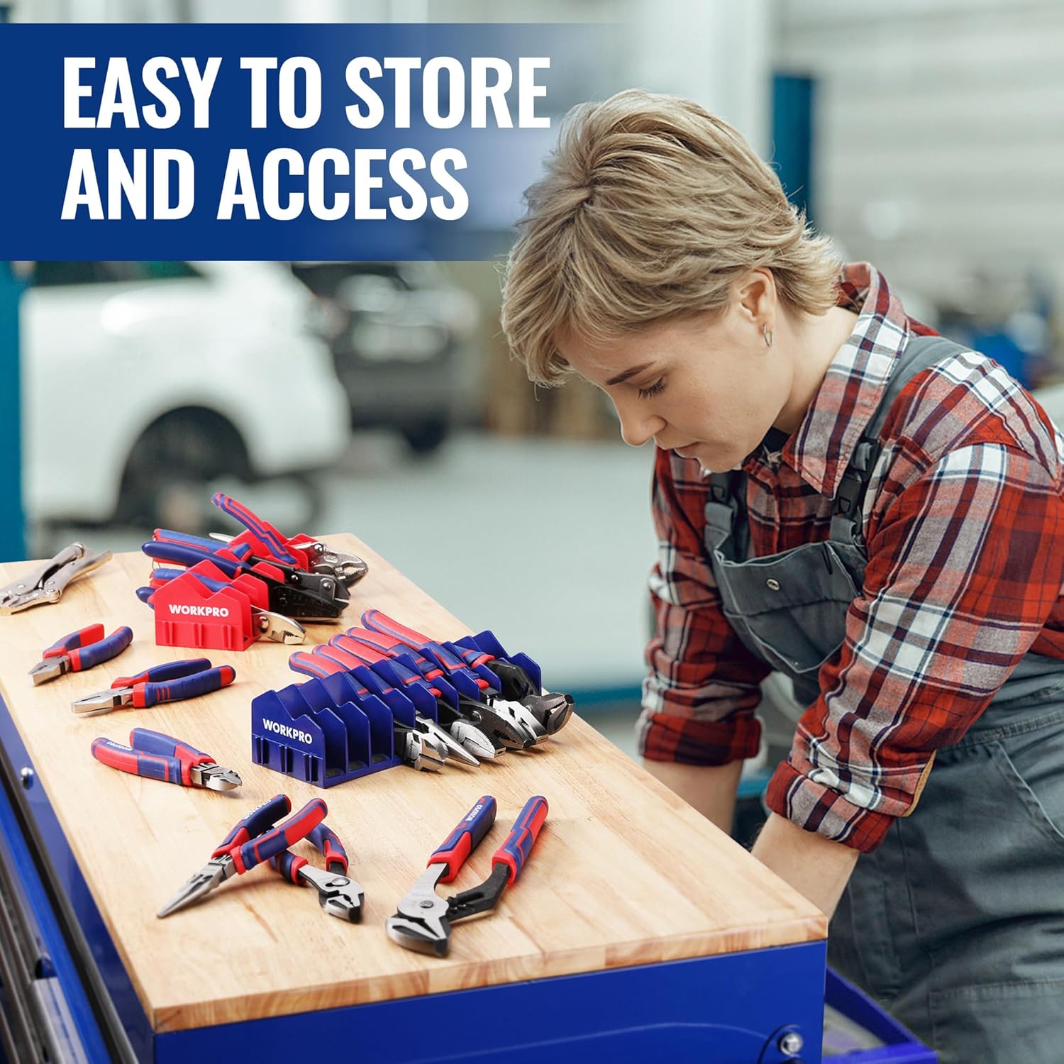 WORKPRO plier organizer rack on workbench, pliers in red and blue slots