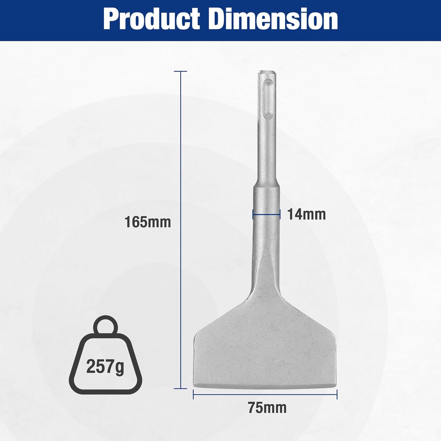 SDS-Plus chisel with wide flat bent blade and tall shank shown in dimension diagram