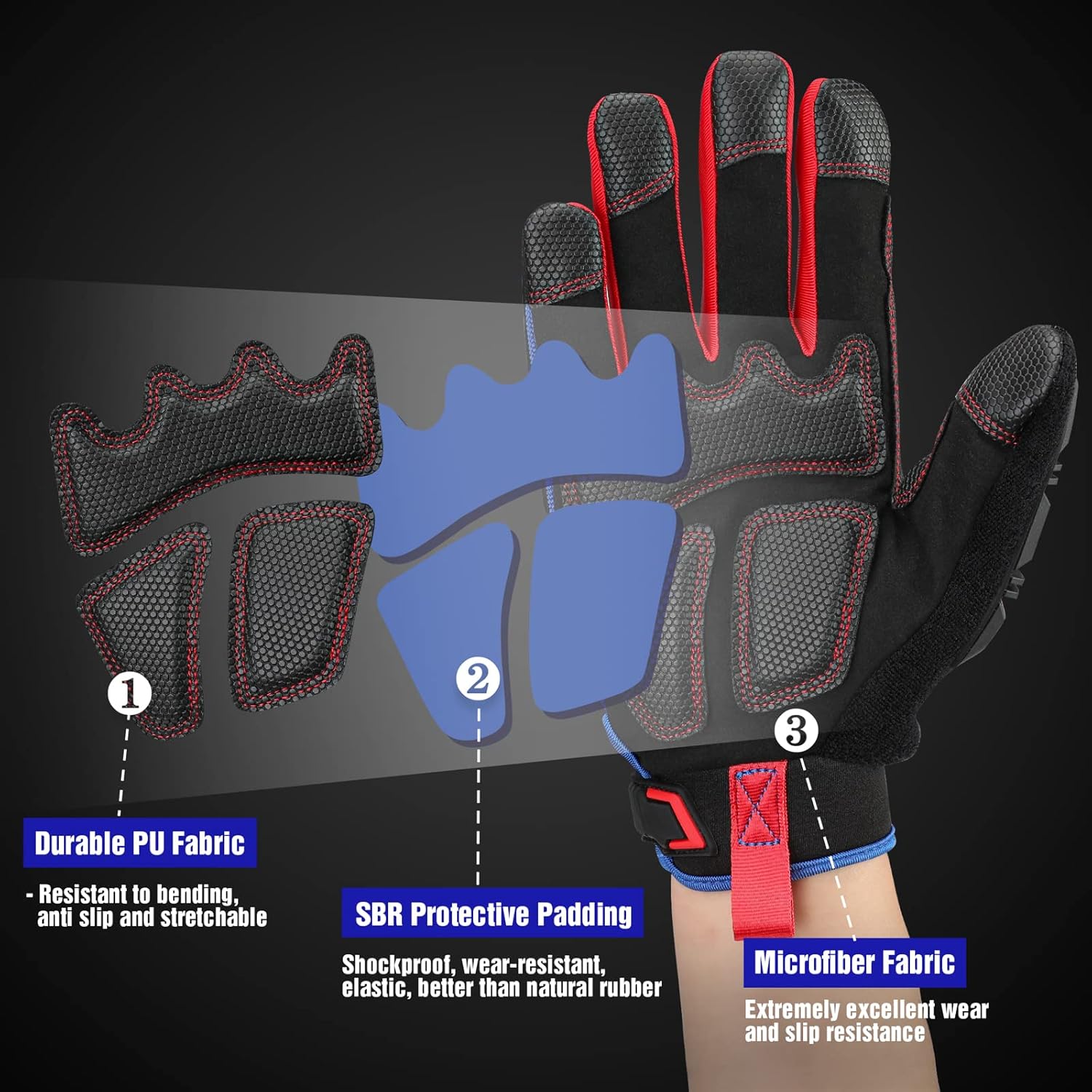 Black work gloves with blue back panel, red trim, padded protective knuckles and grips