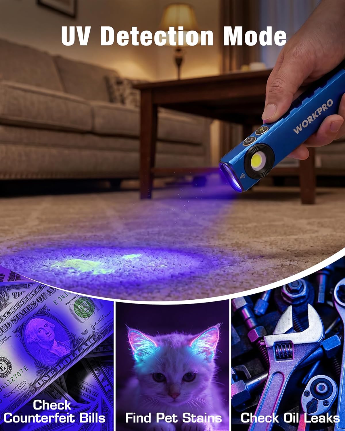 Blue WORKPRO flashlight with UV glow shining onto a surface.