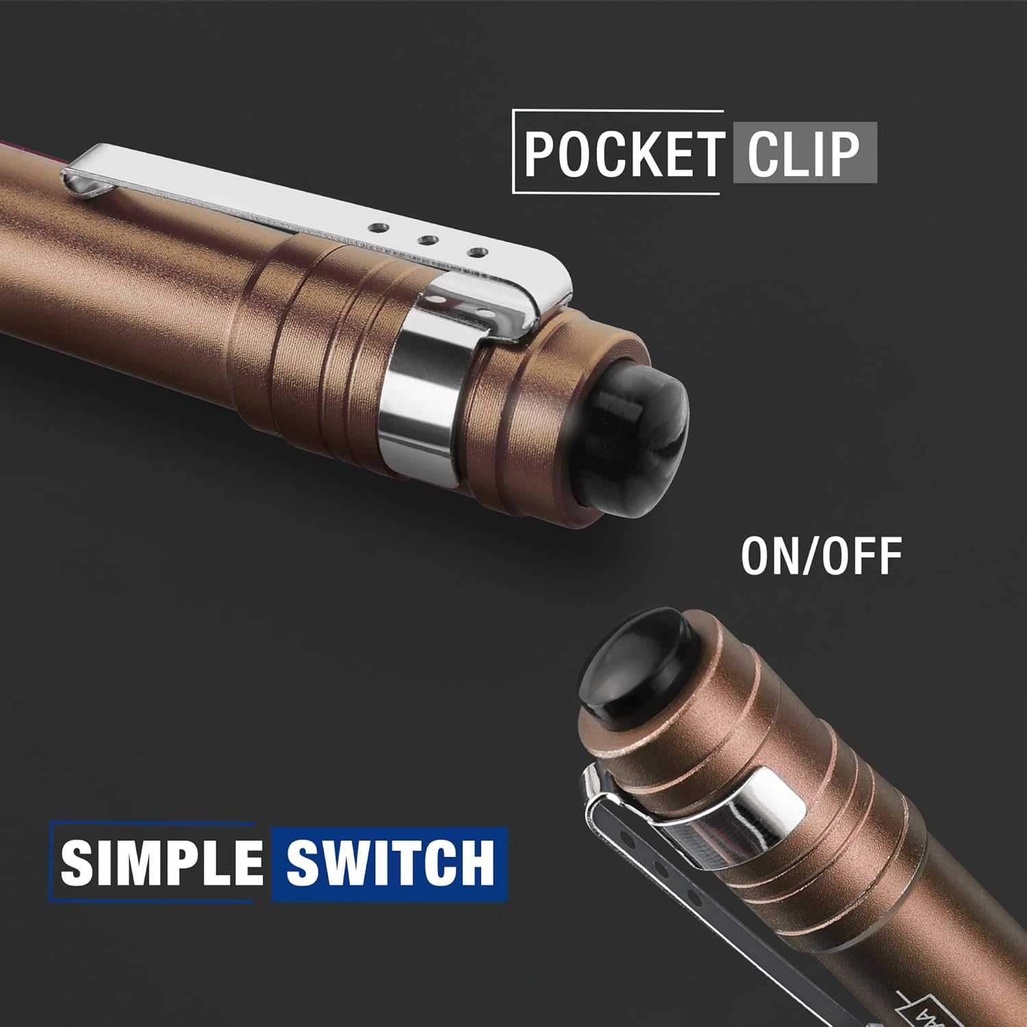 Brown LED penlight showing pocket clip and on/off end cap