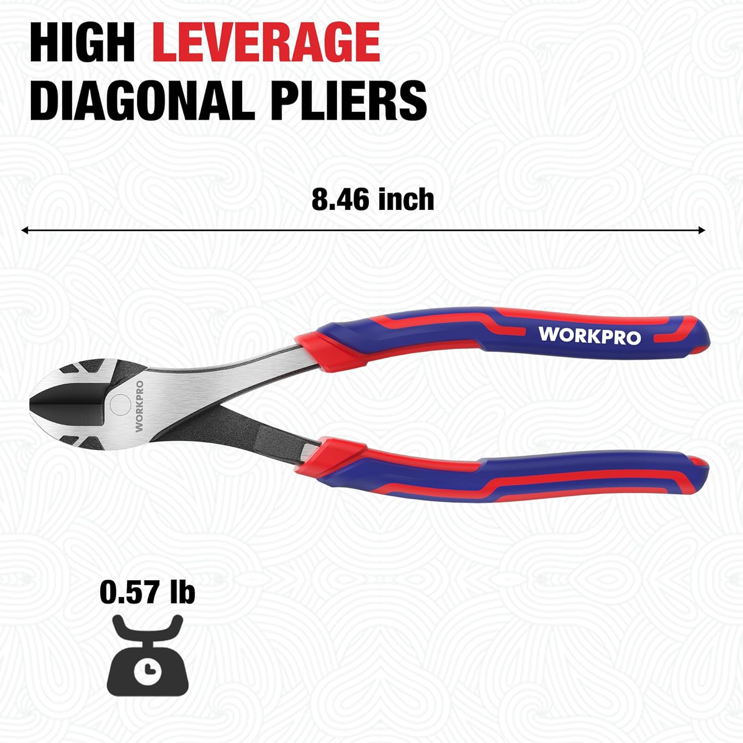 WORKPRO 8-inch diagonal pliers with silver cutting head and red-blue anti-slip handles