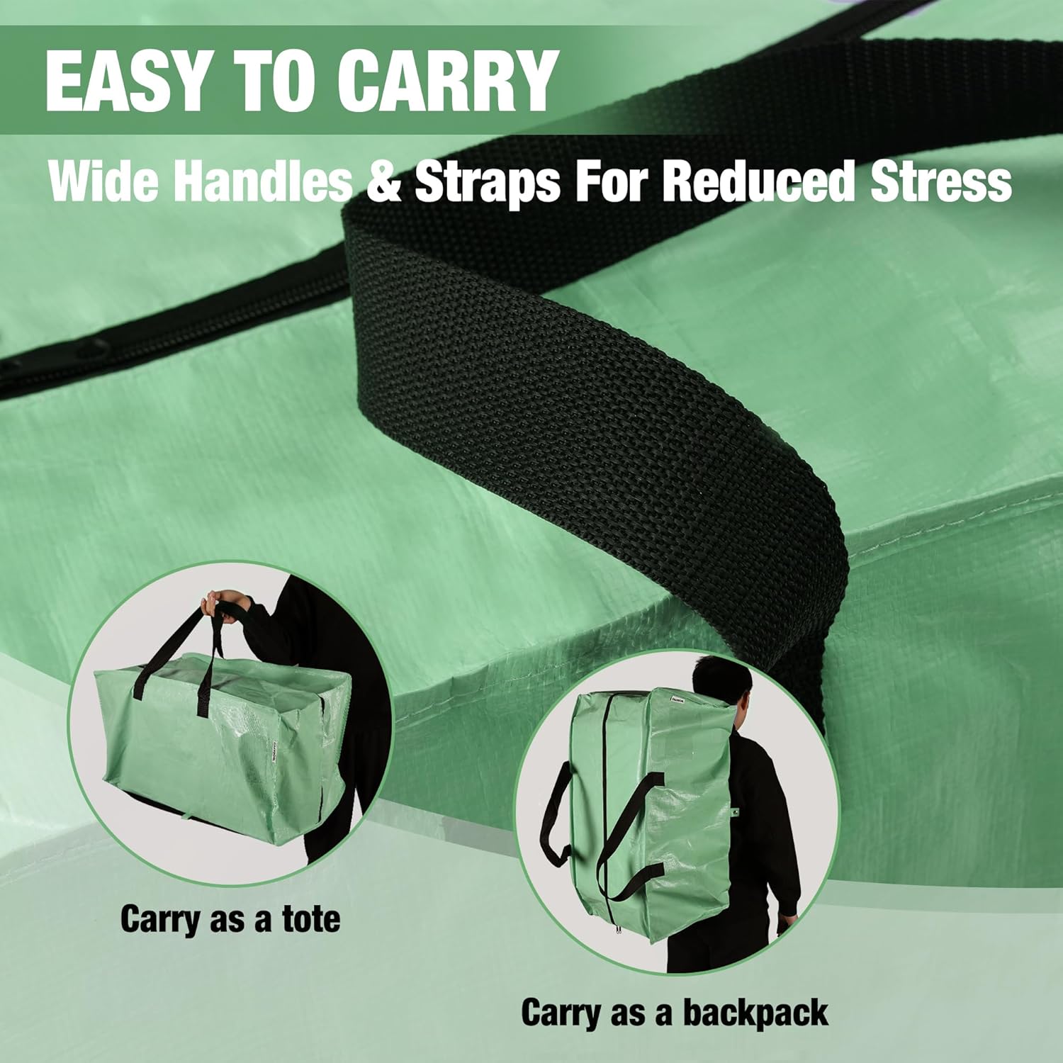 Green moving bag with wide webbing carry strap and zippered opening