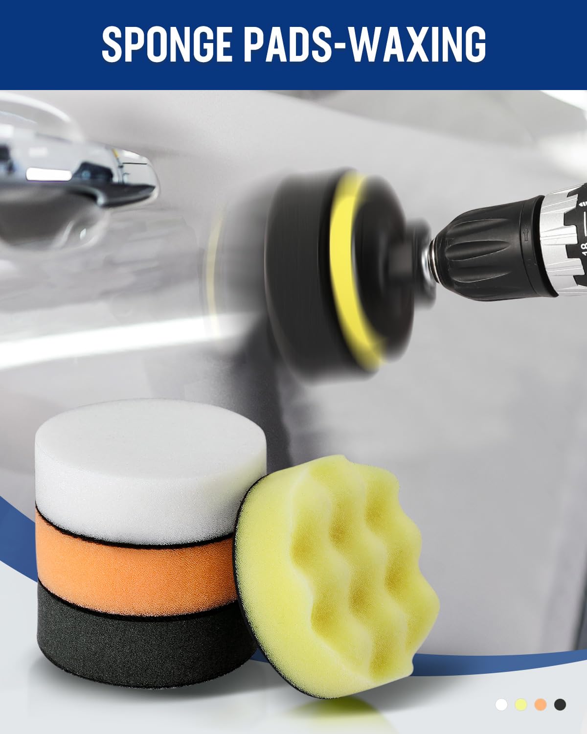 Foam waxing pads with drill buffer attachment polishing a vehicle surface