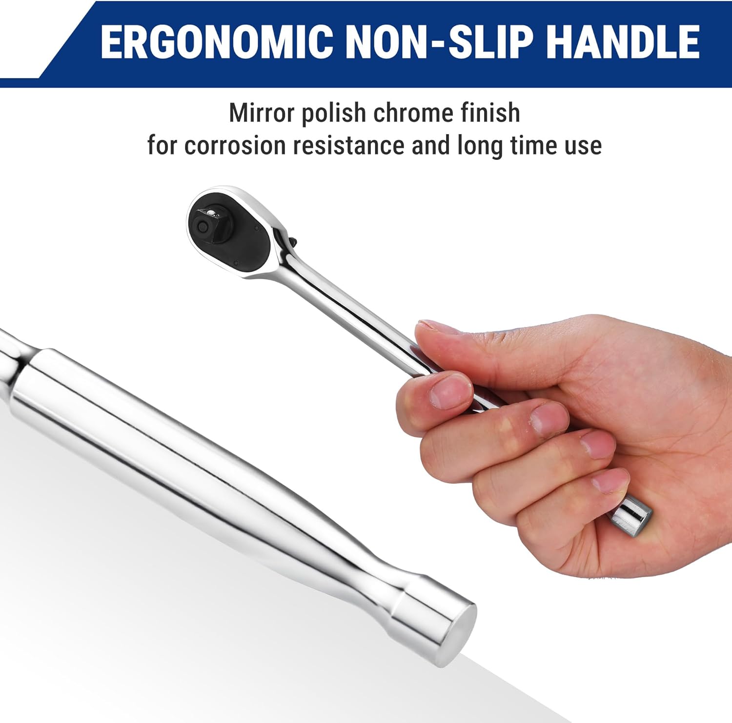 WORKPRO ergonomic non-slip 3/8-in ratchet wrench with mirror-polished chrome finish