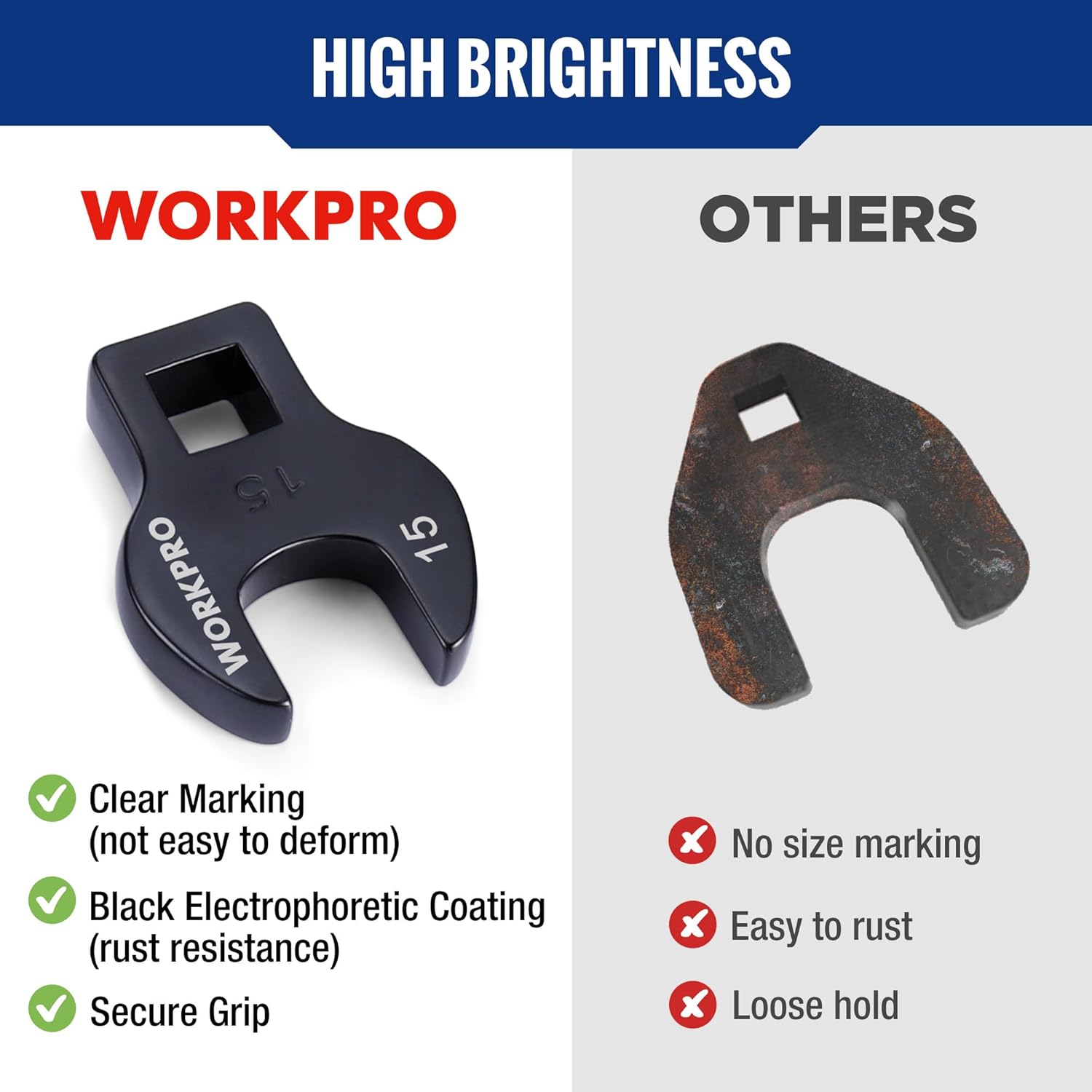 Black crowfoot wrench head with clear size marking and black electrophoretic coating