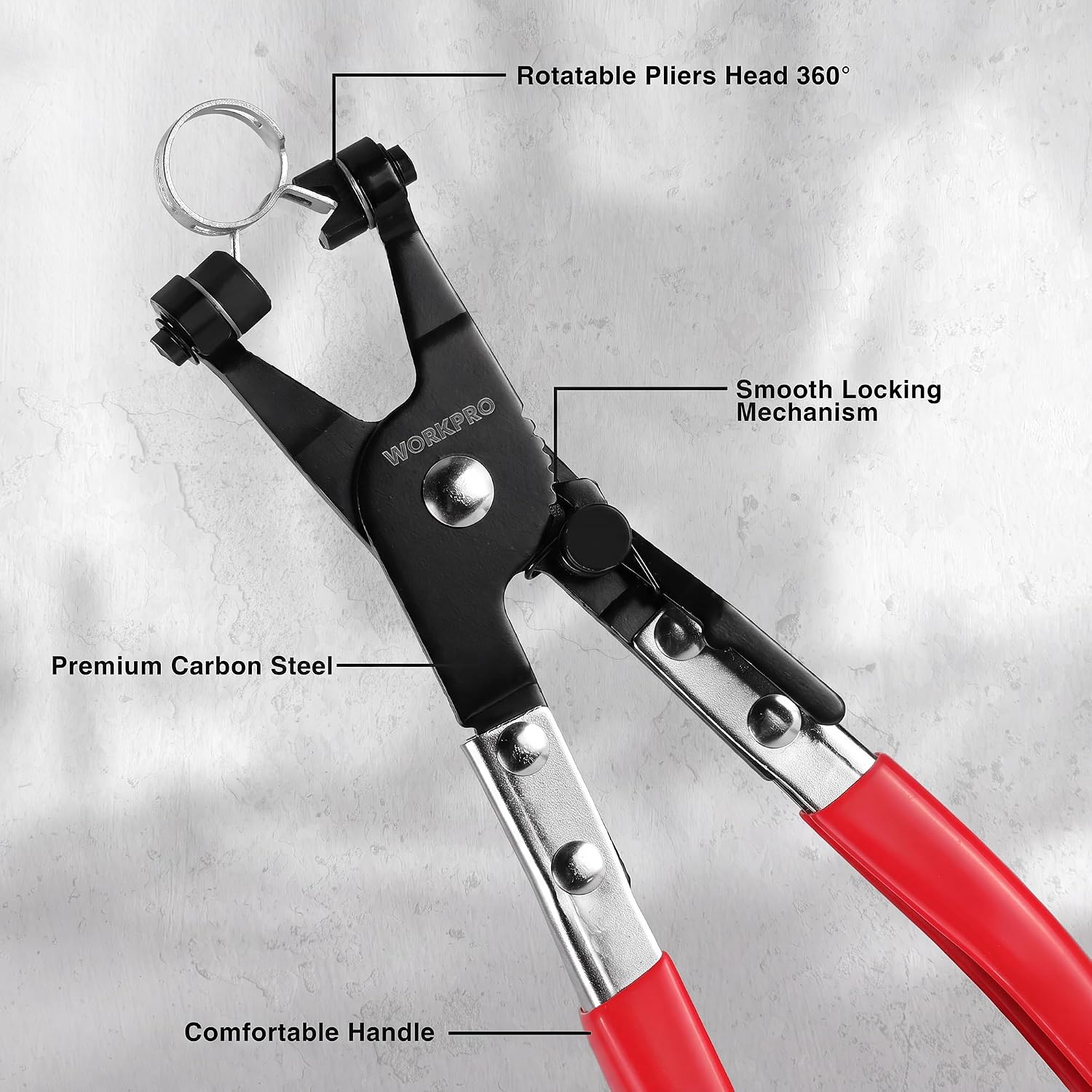 Hose clamp pliers with 360-degree rotatable head, smooth locking mechanism, red grips