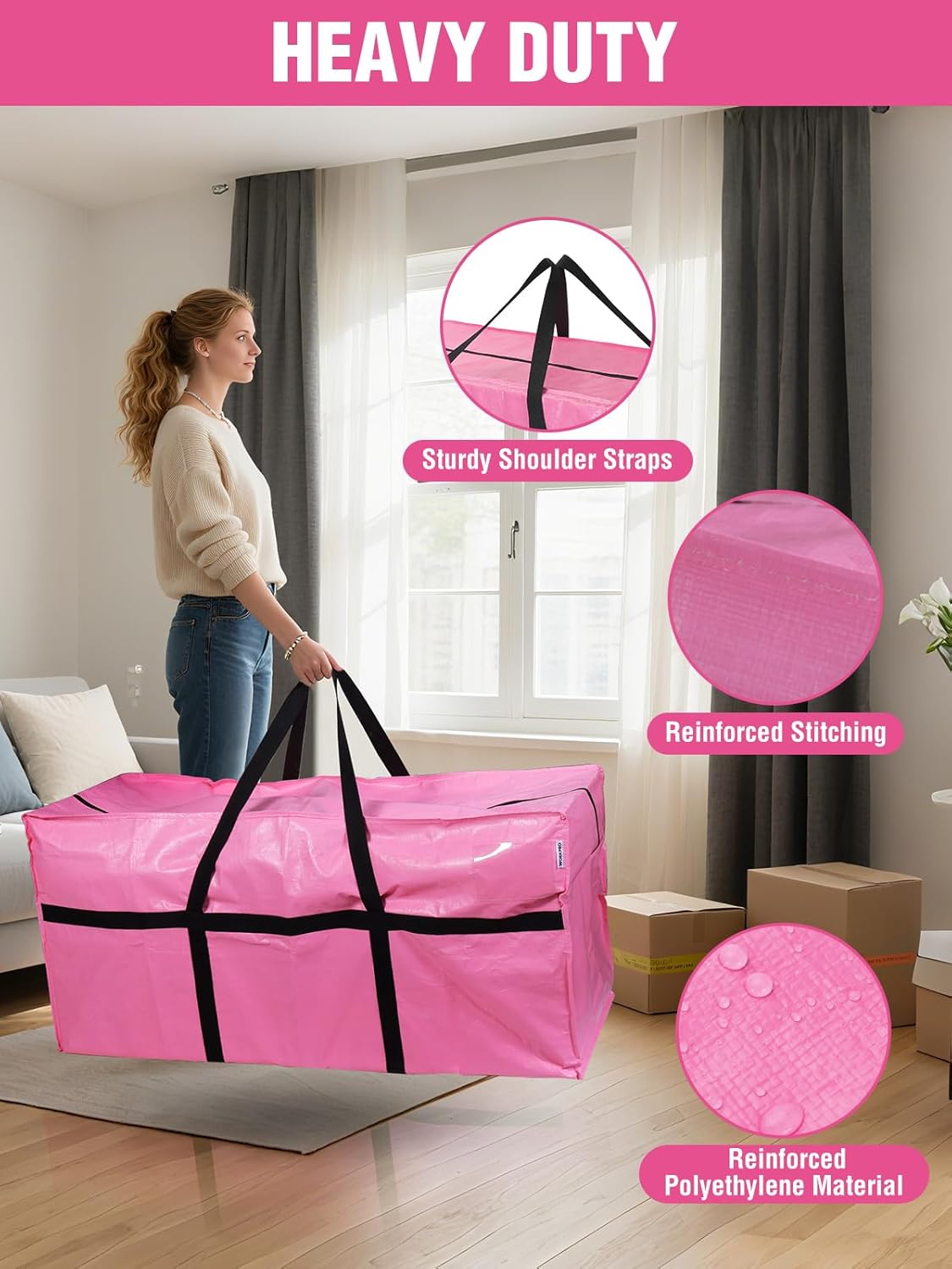 Pink heavy-duty moving bags with reinforced stitching, shoulder strap handles, and carry totes.