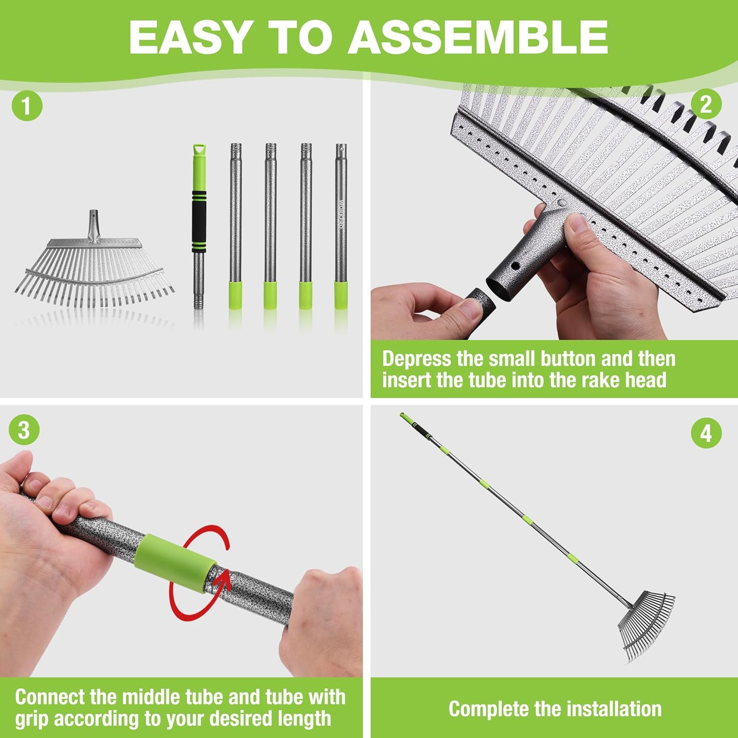 Leaf rake assembly: connect tubes, secure the handle, and attach the metal tine head