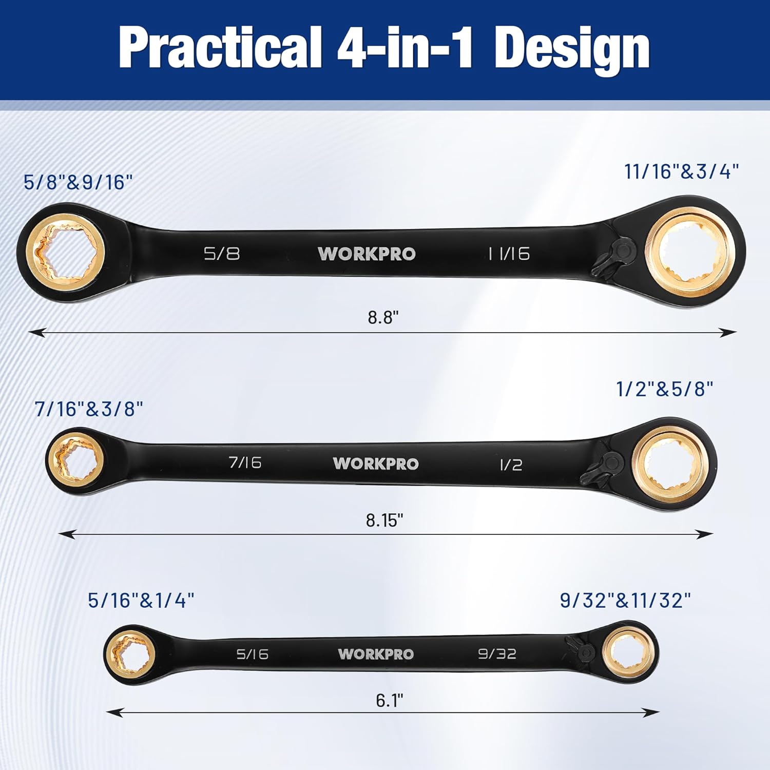 Three reversible ratcheting box-end wrenches, black with gold rings, marked sizes