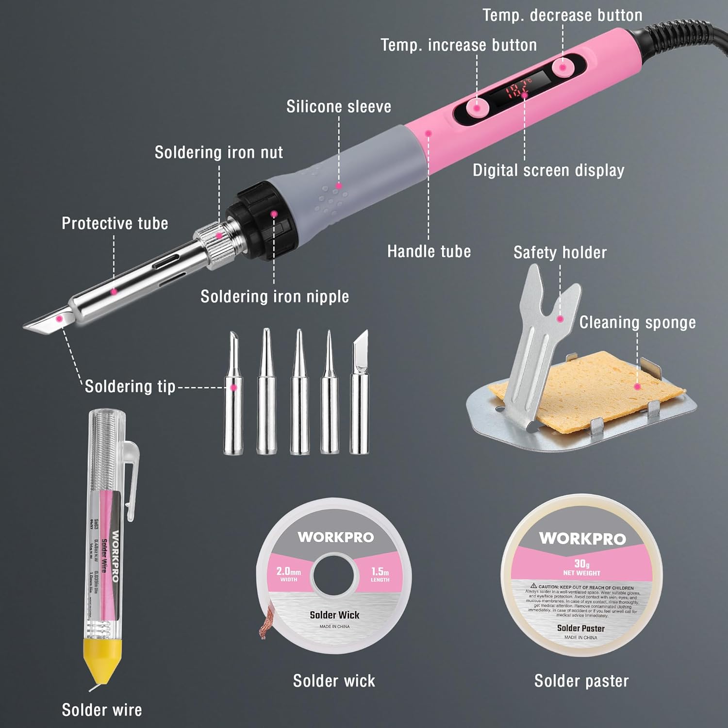 Pink digital soldering iron kit with display, buttons, safety holder, and sponge