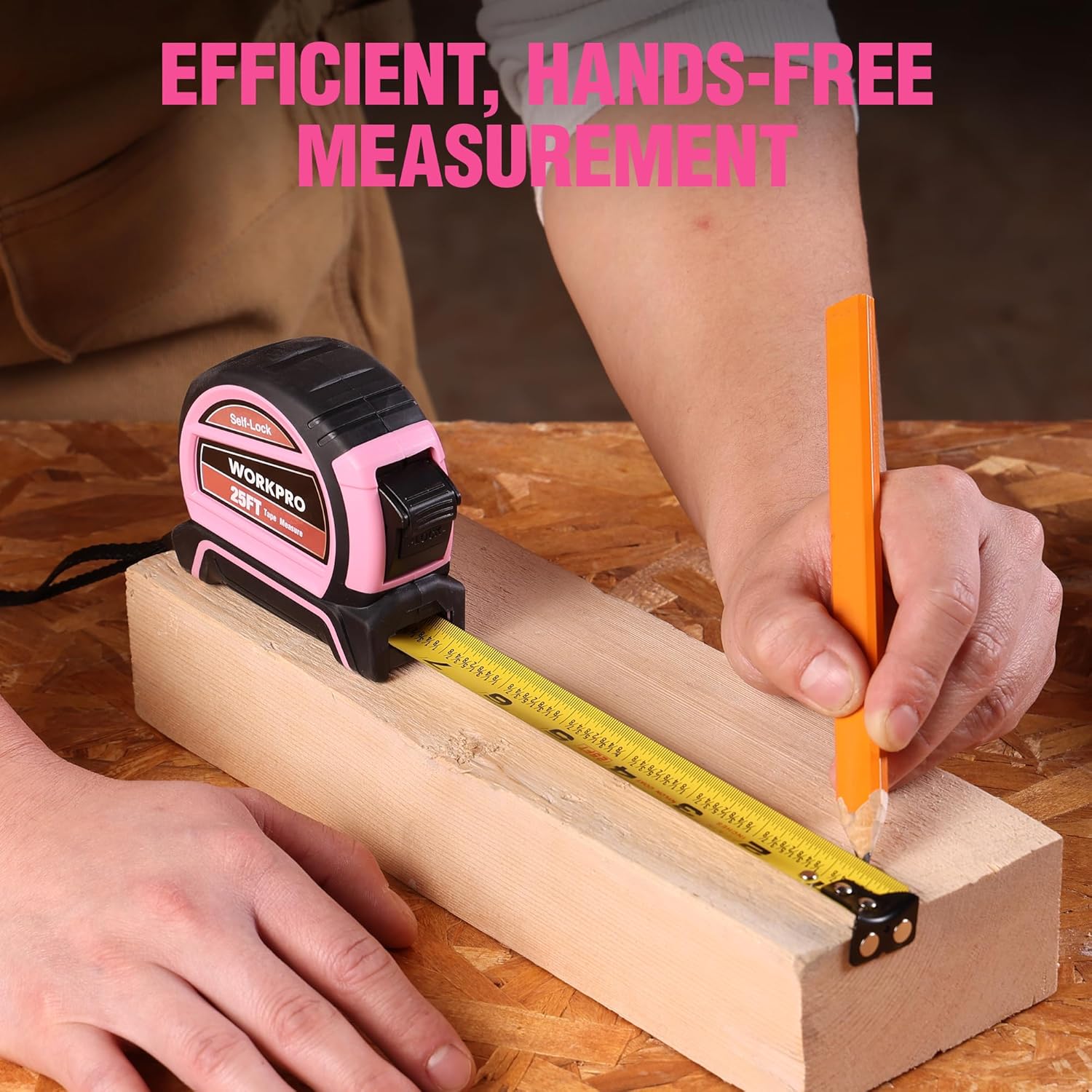 Pink tape measure with locked blade for hands-free measuring on a wooden board